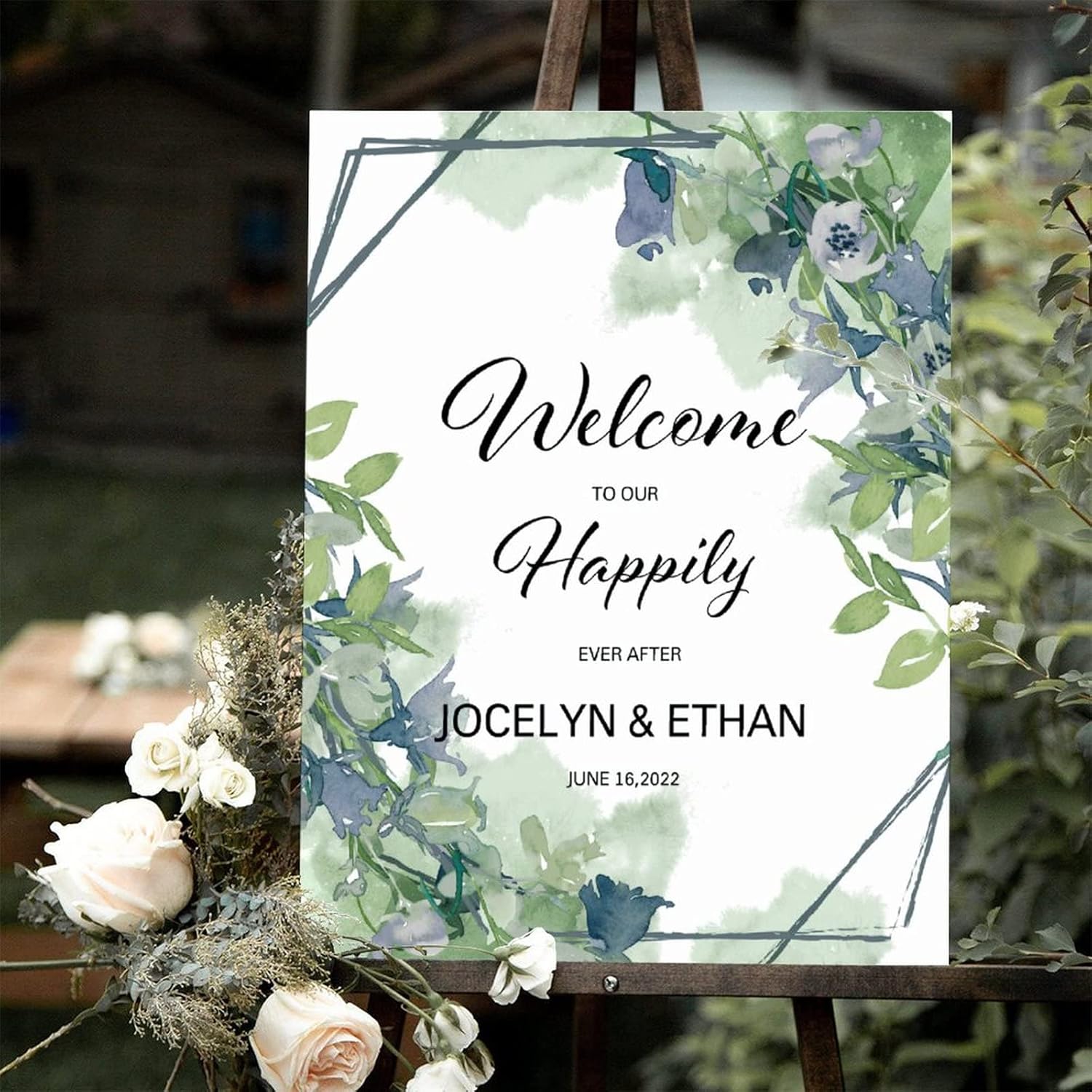 Alioyoit Customizable Green Floral Wedding Welcome Sign