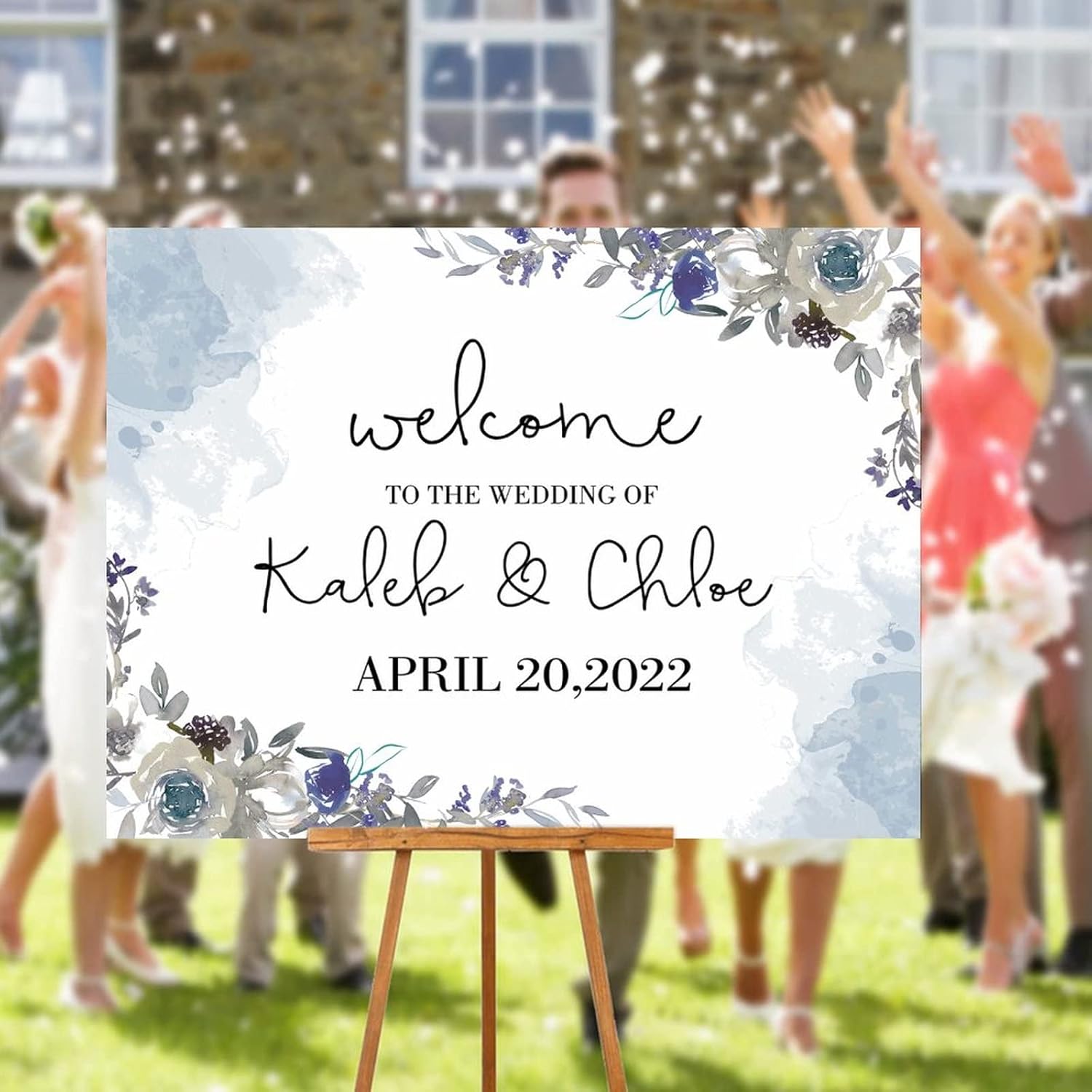 Alioyoit 12x16 Inch Blue Floral Wooden Wedding Welcome Sign