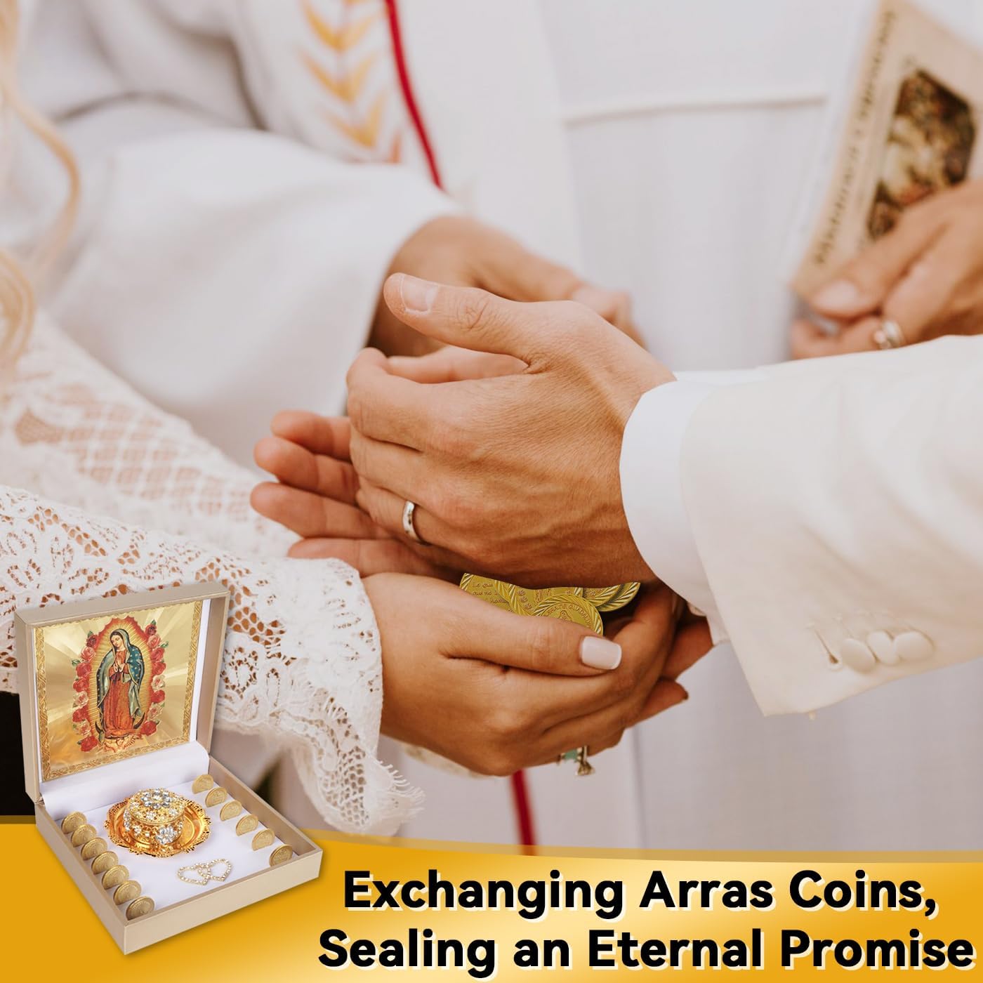 Catholic Wedding Arras Set with Virgen De Guadalupe Gifts Box