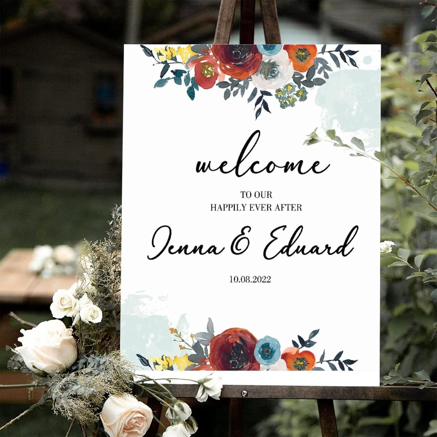 Customizable Red Floral Wedding Welcome Sign 12x16 Inch