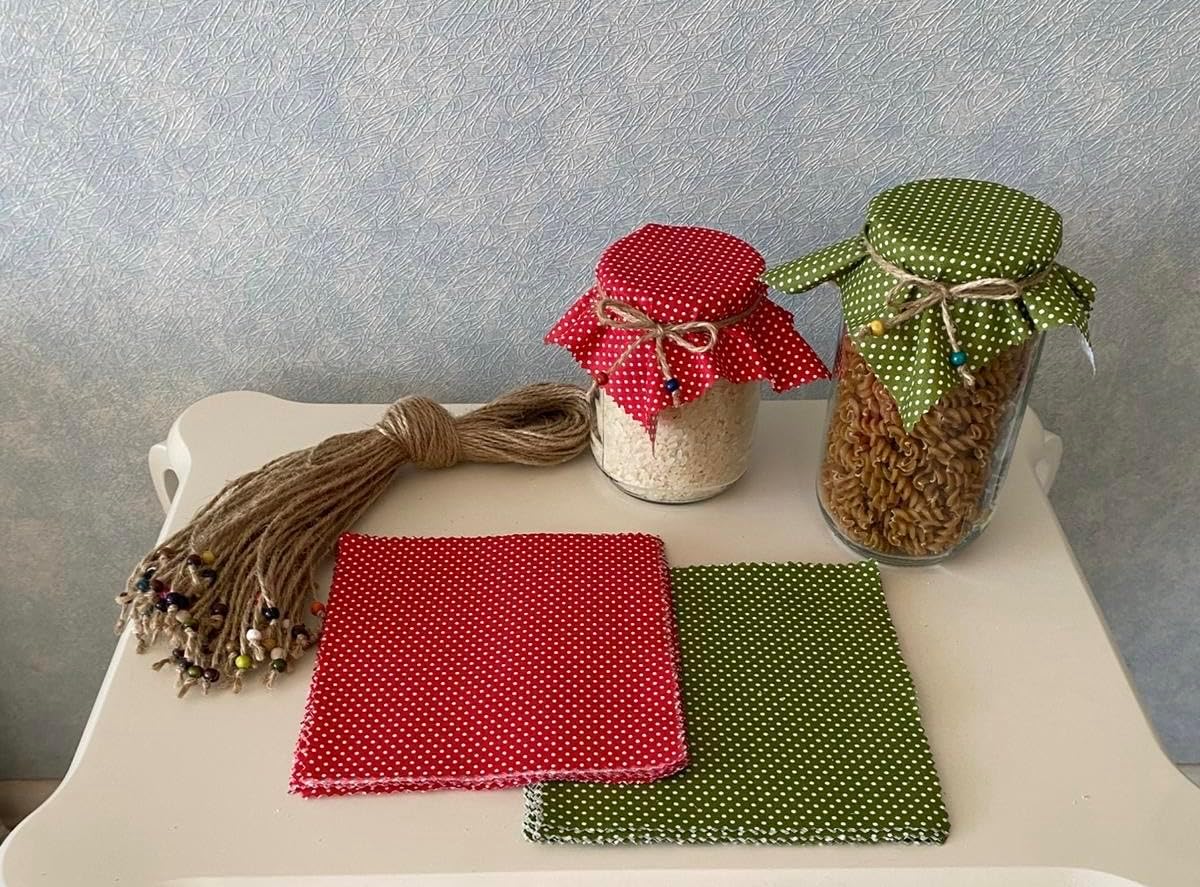 50 Pieces 100 Cotton Polka-Dot Jar Cover Cloth with Beaded Jute Rope