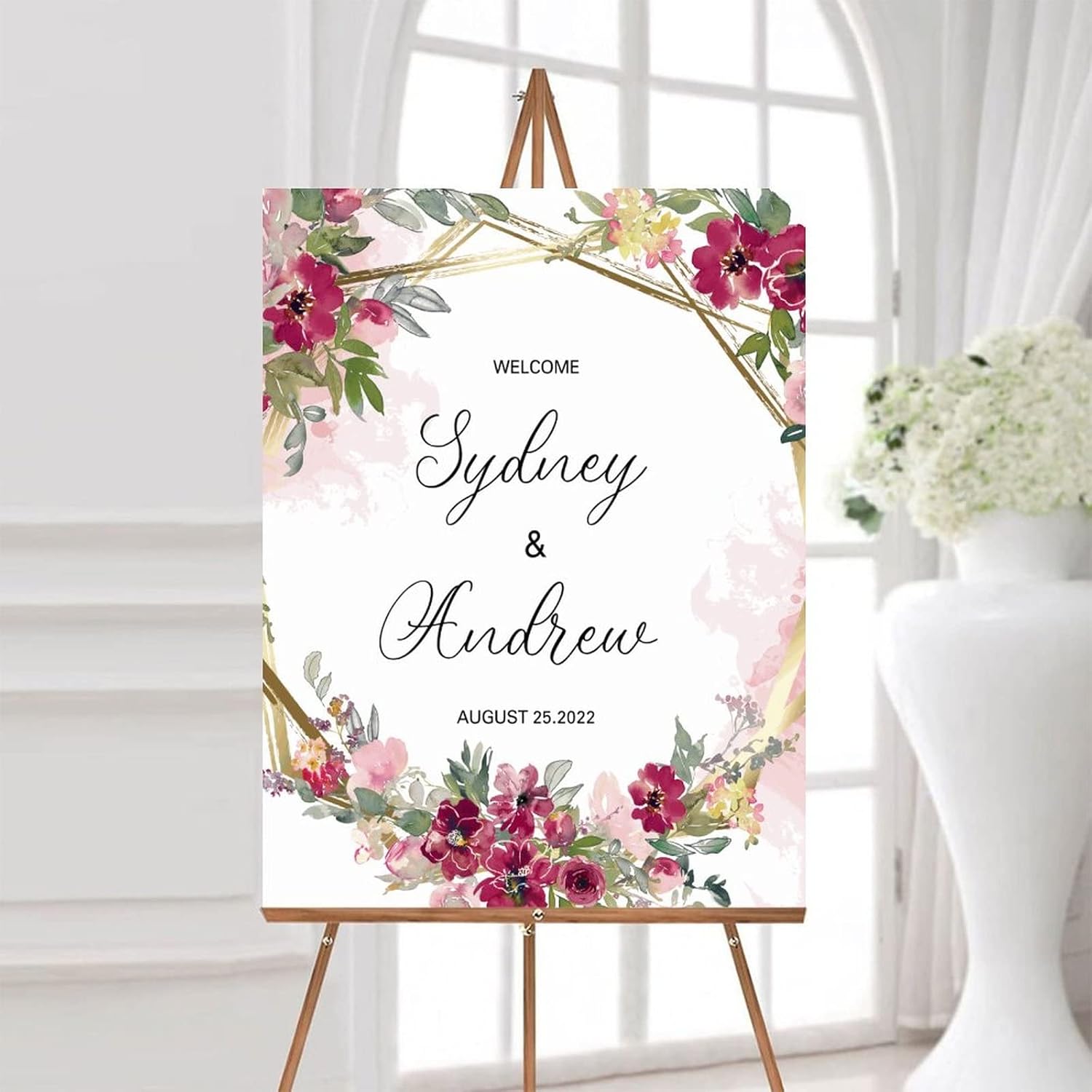 Alioyoit Pink Floral Customizable Wedding Welcome Sign