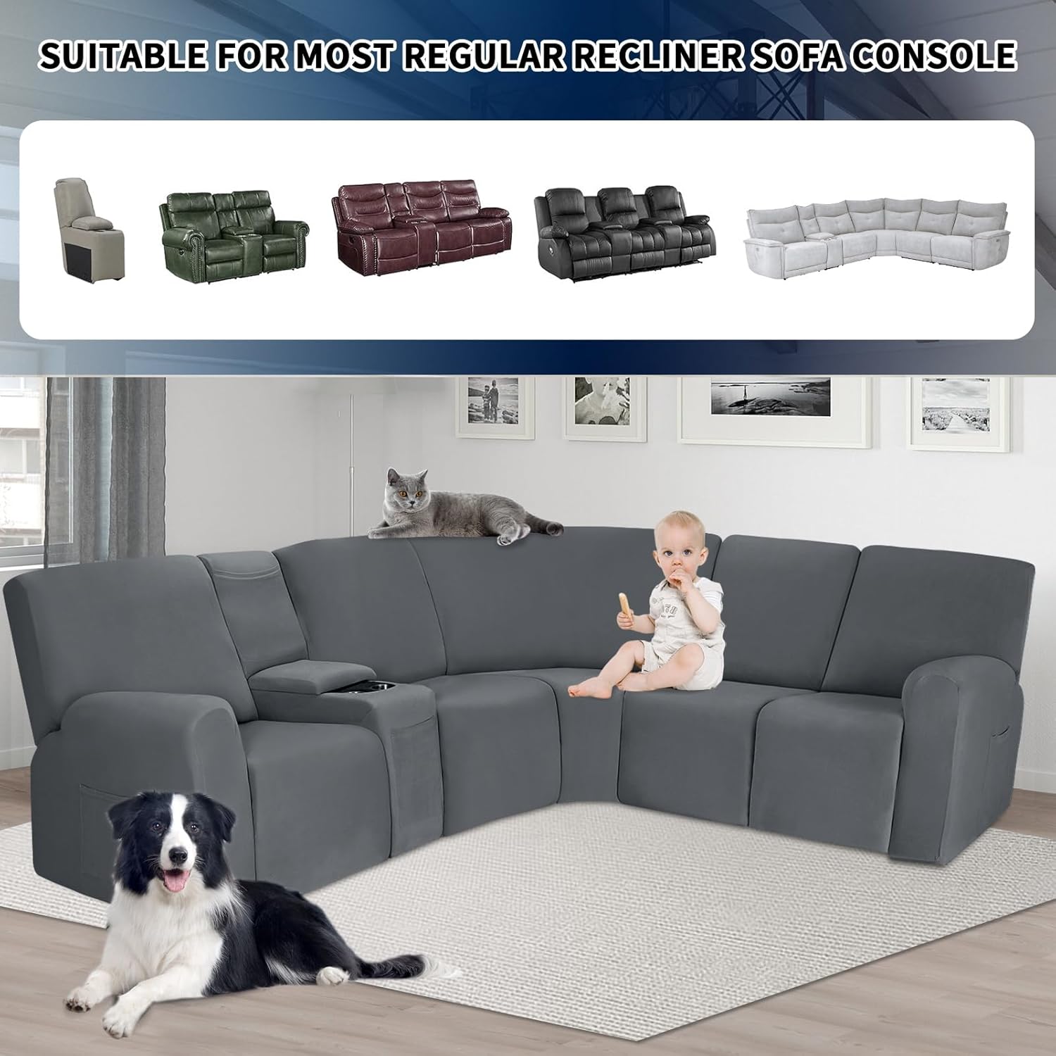 PureFit Recliner Console Cover Super Stretchy Light Gray