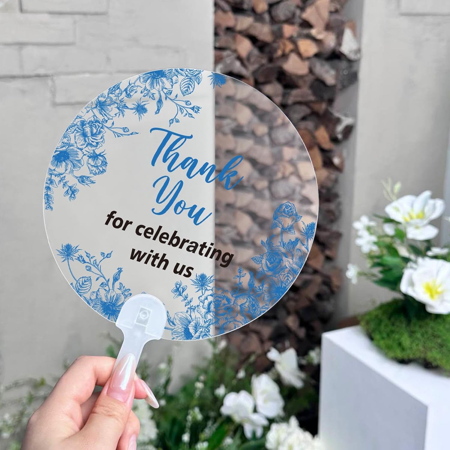 Geelin 50 Pcs Blue Flower Wedding Fans for Guests and Bridesmaids