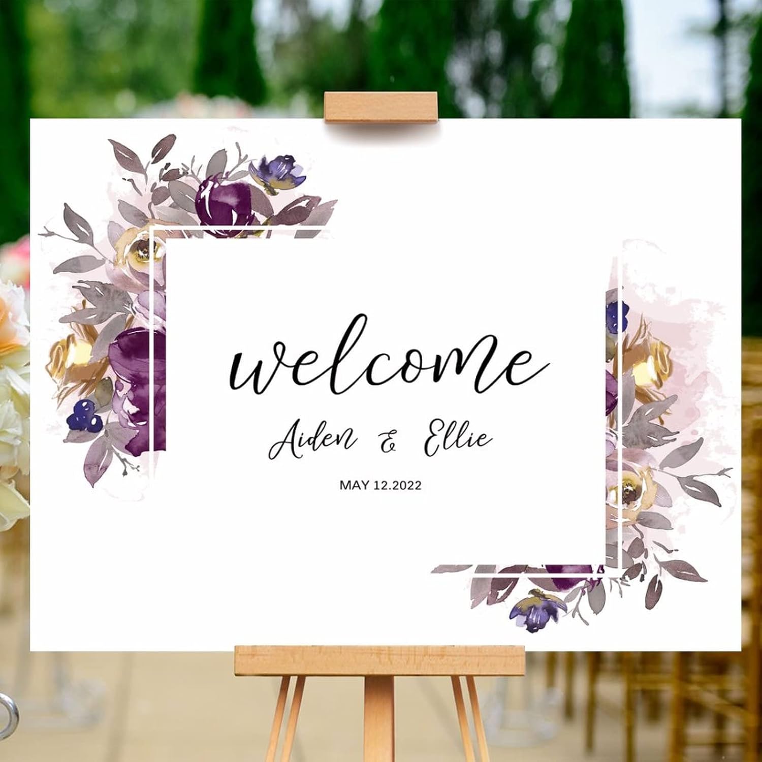 Purple Floral Wreath Wedding Welcome Sign