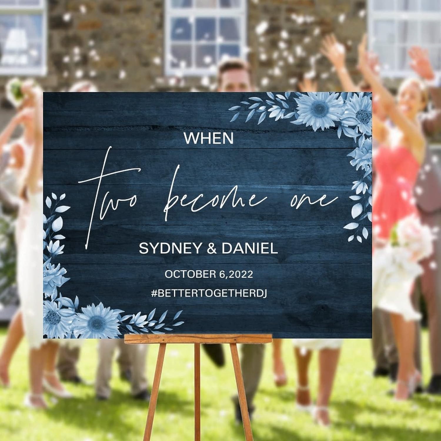 Floral Blue Wood Wedding Welcome Sign Customizable