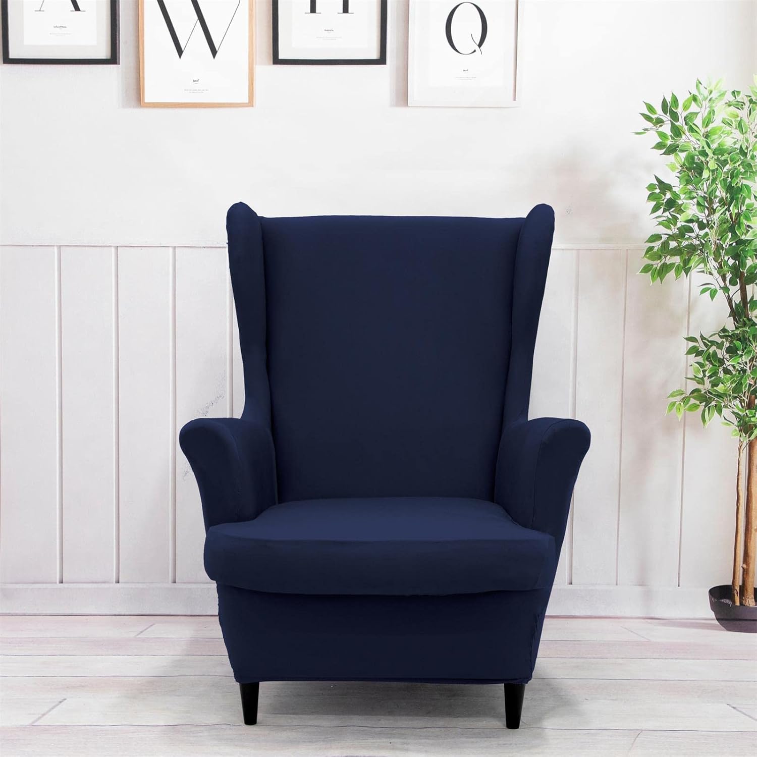 NILUOH 2-Piece Wingback Chair Cover with Elastic Bottom Navy