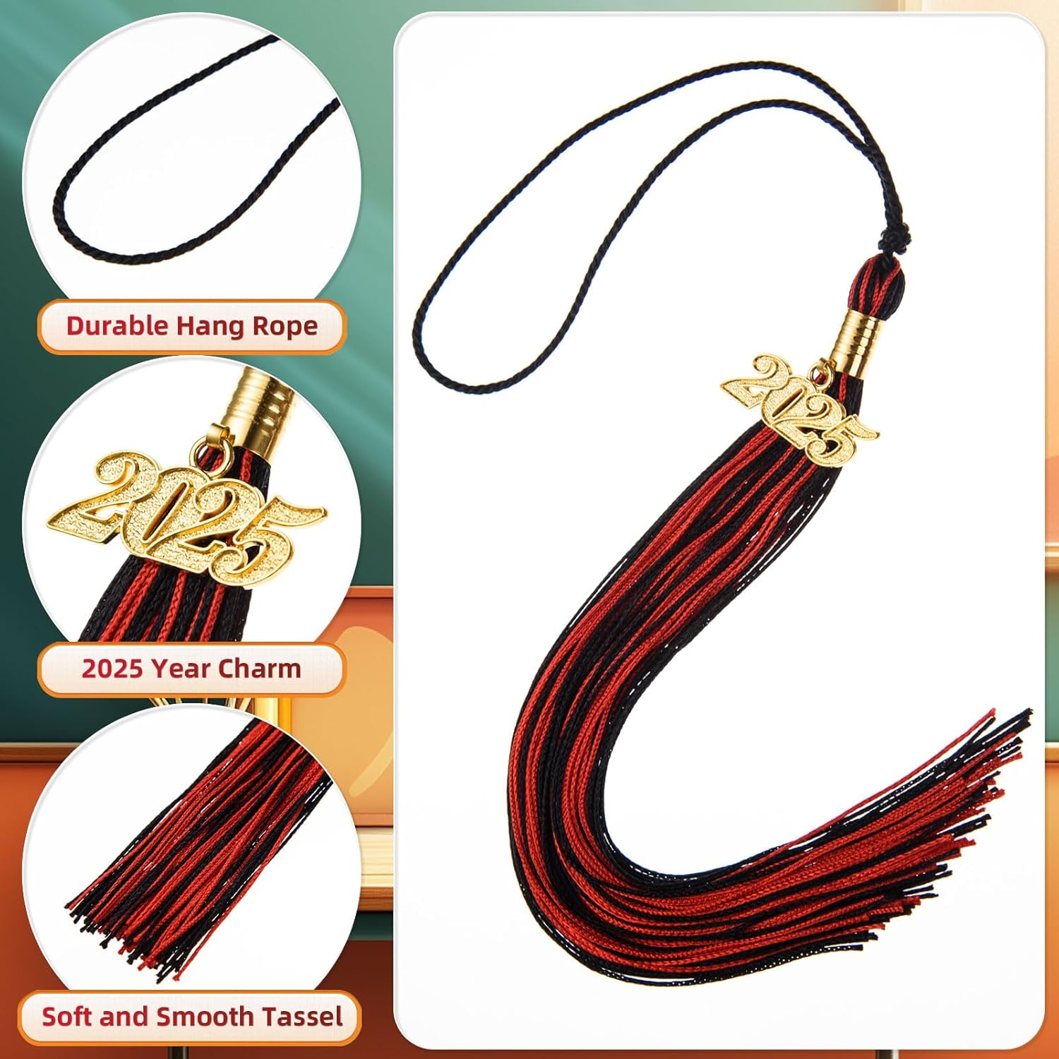 12 Graduation Tassels with 2025 Black Red Charms
