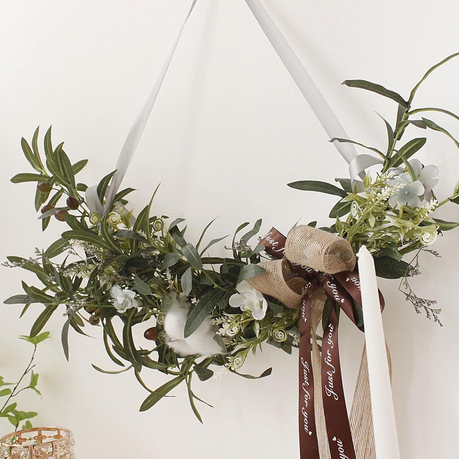 30 Inch Artificial Olive Leaf Wall Decor with Bow