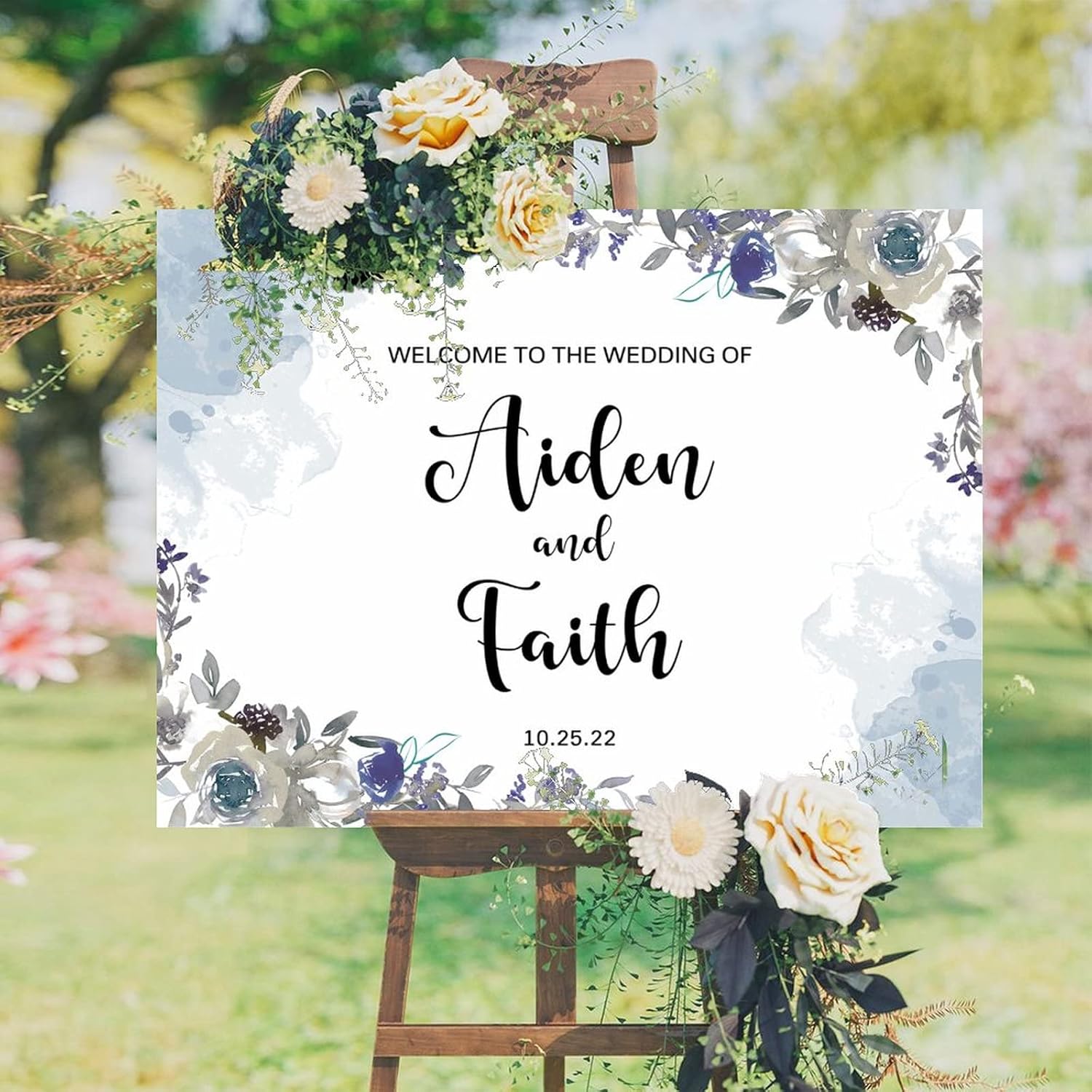 Customizable Blue Floral Luxury Wedding Welcome Sign