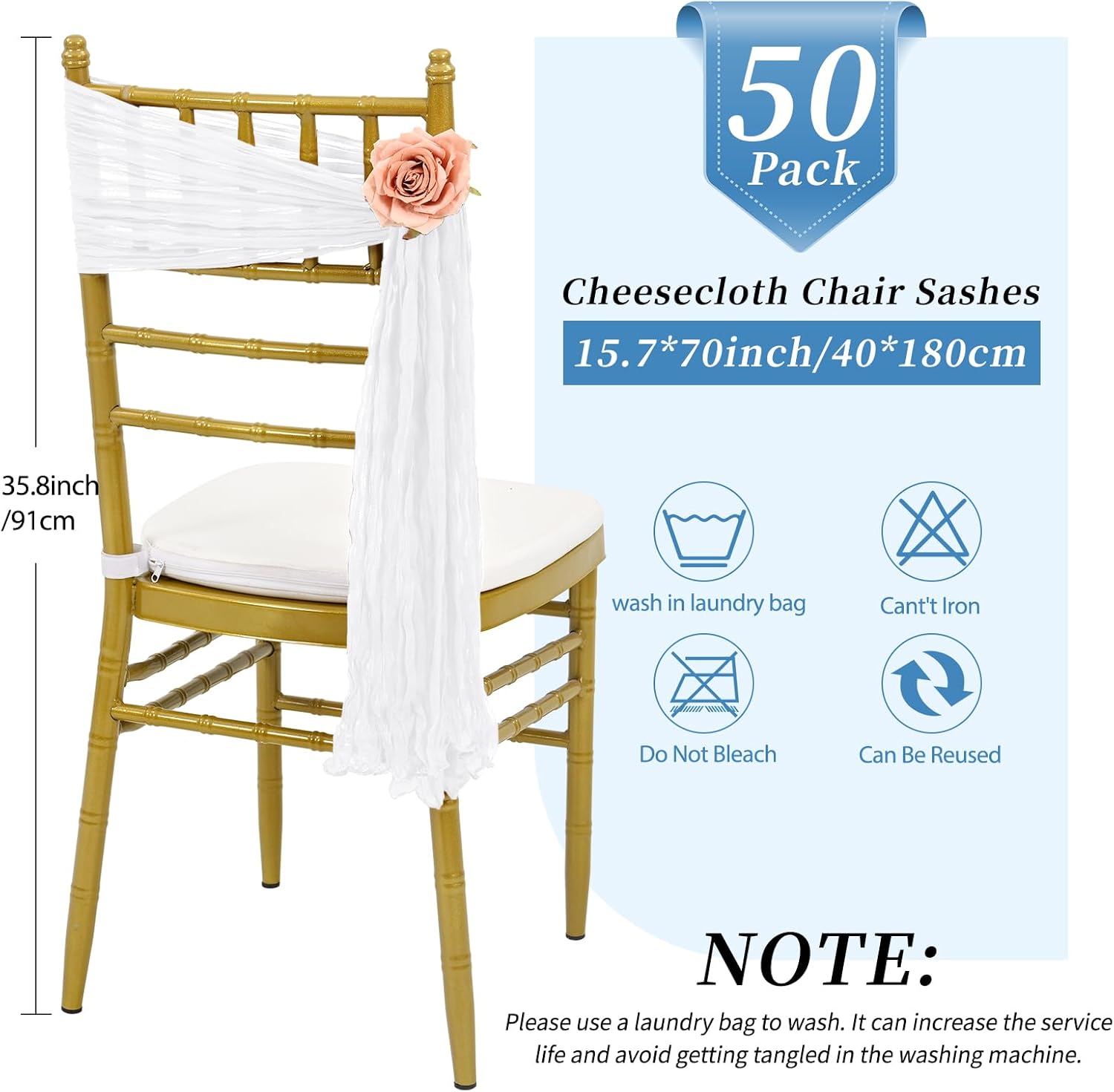 50 PCS White Cheesecloth Chair Sashes for Wedding Banquet