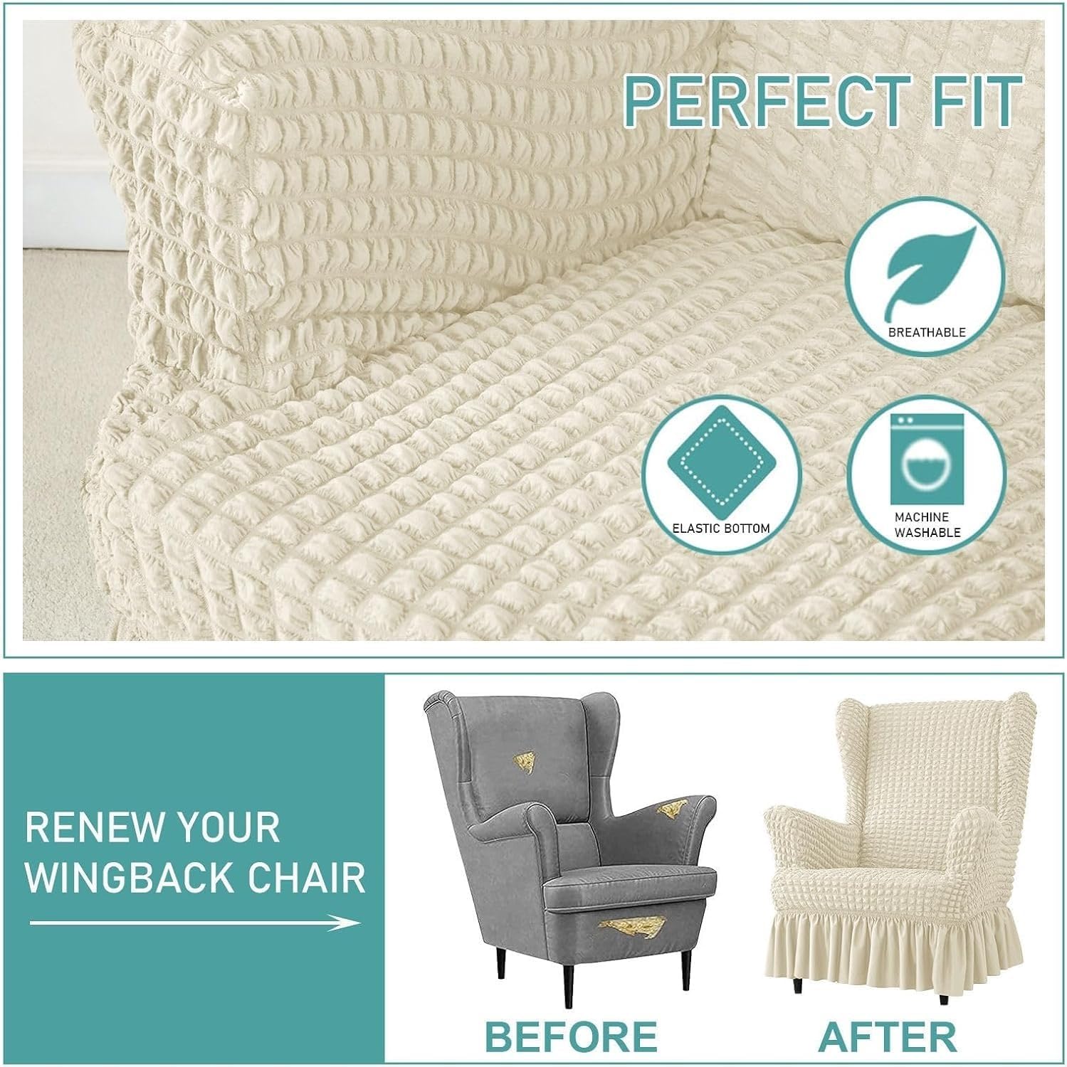 Stretch Seersucker Chair Slipcover with Ottoman Universal Wingback Chair Cover Set Beige