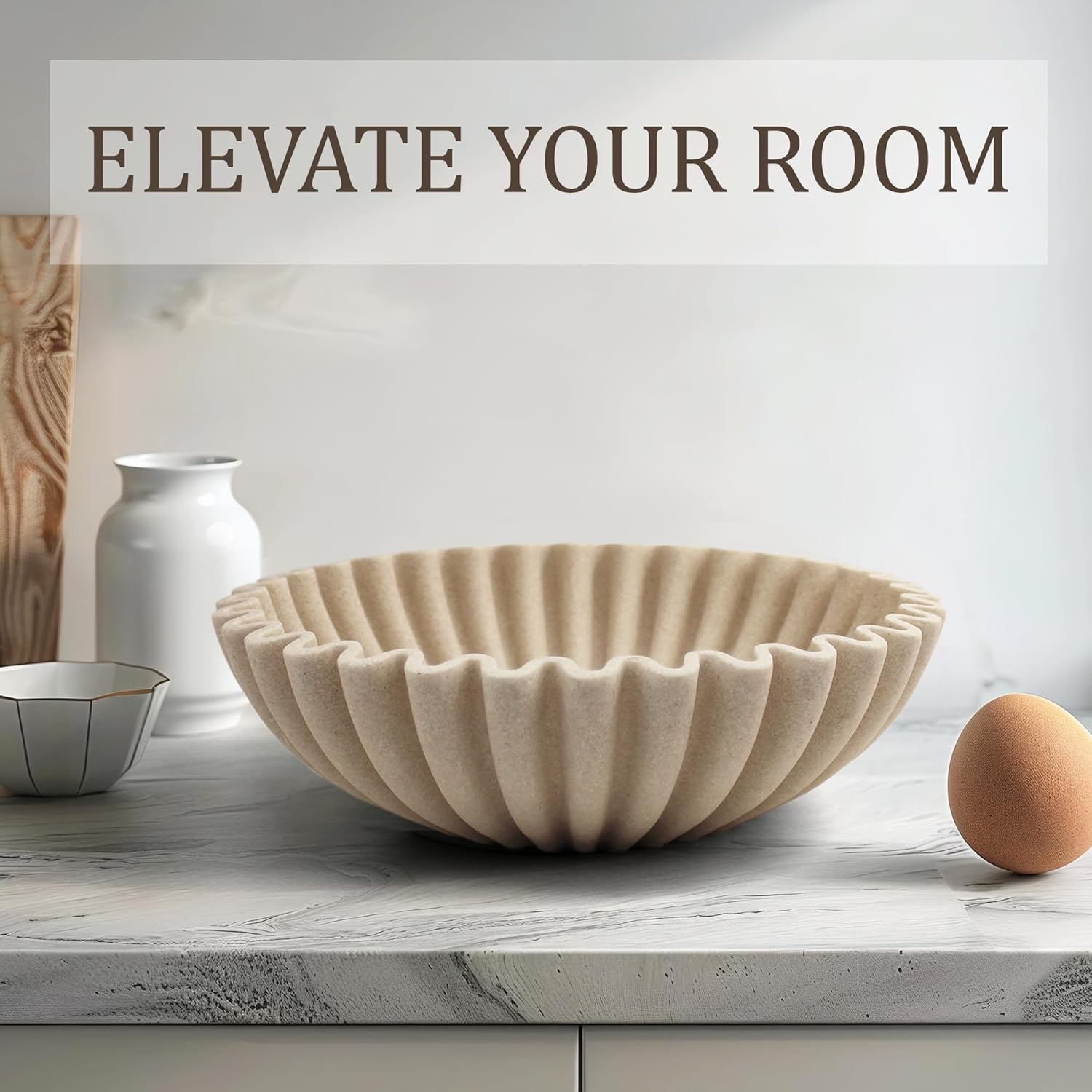 Ruffle Decorative Bowl Large Fruit Bowl Beige Artificial Stone