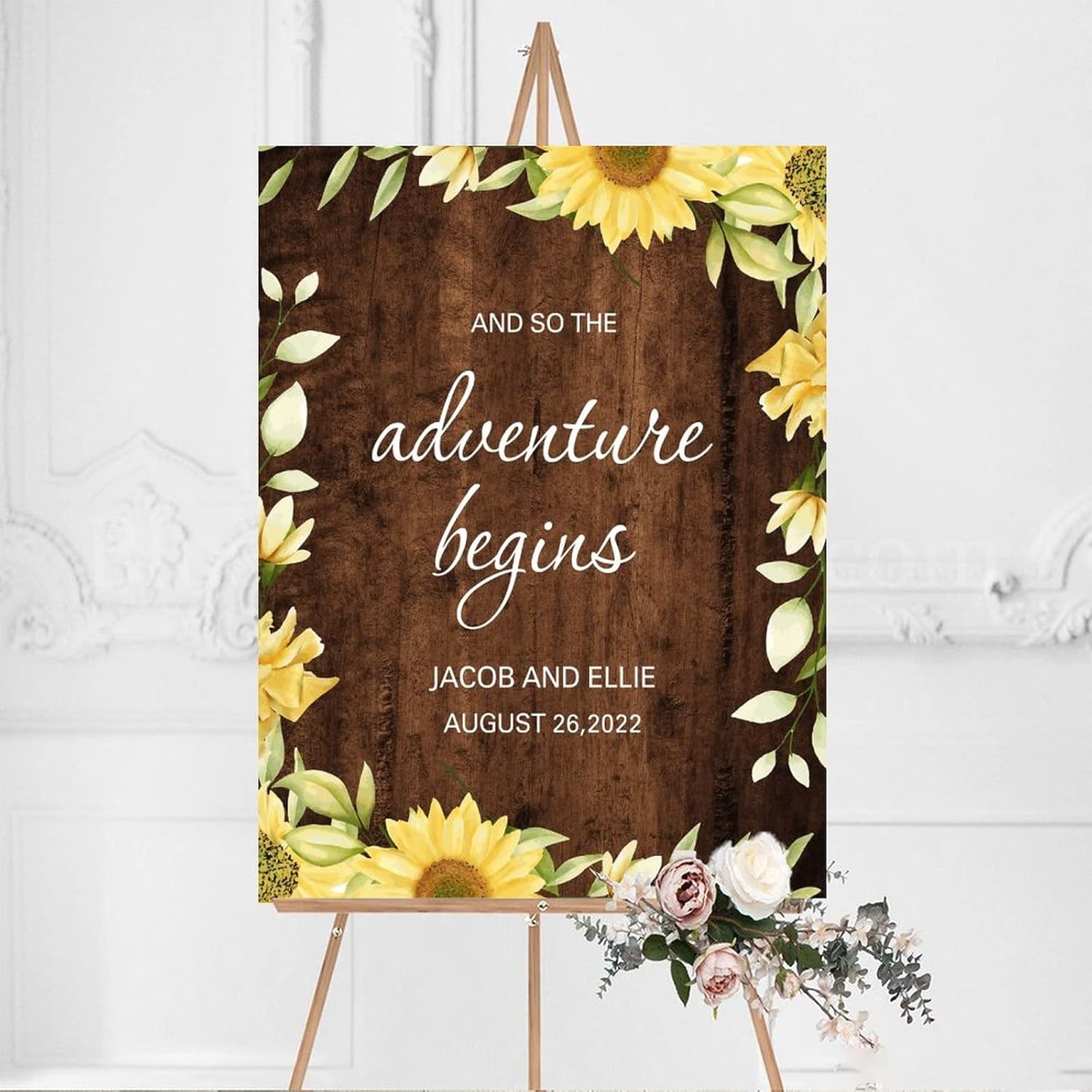 Rustic Wood Wedding Welcome Sign with Sunflower Design