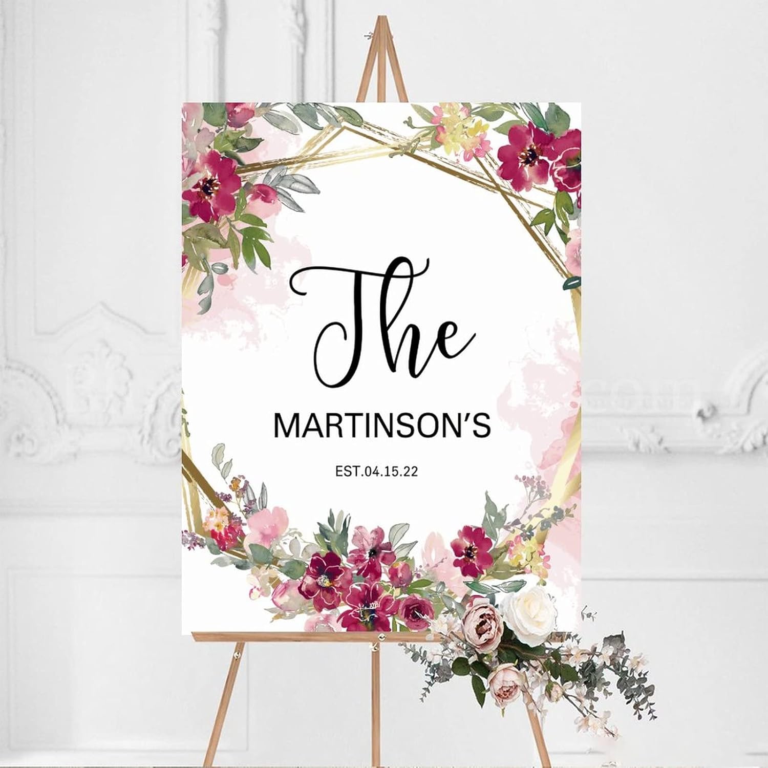 Customizable Pink Floral Wedding Welcome Sign 12x16 Inch