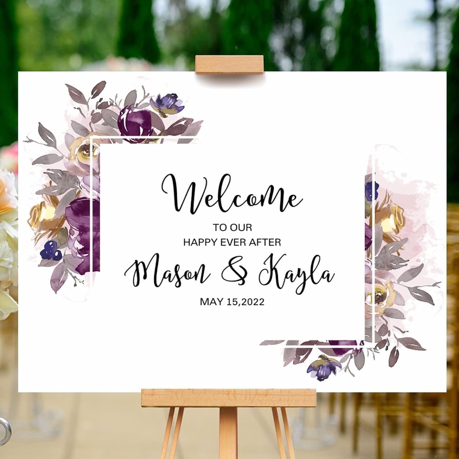 Alioyoit Purple Floral Wreath Wood Wedding Sign