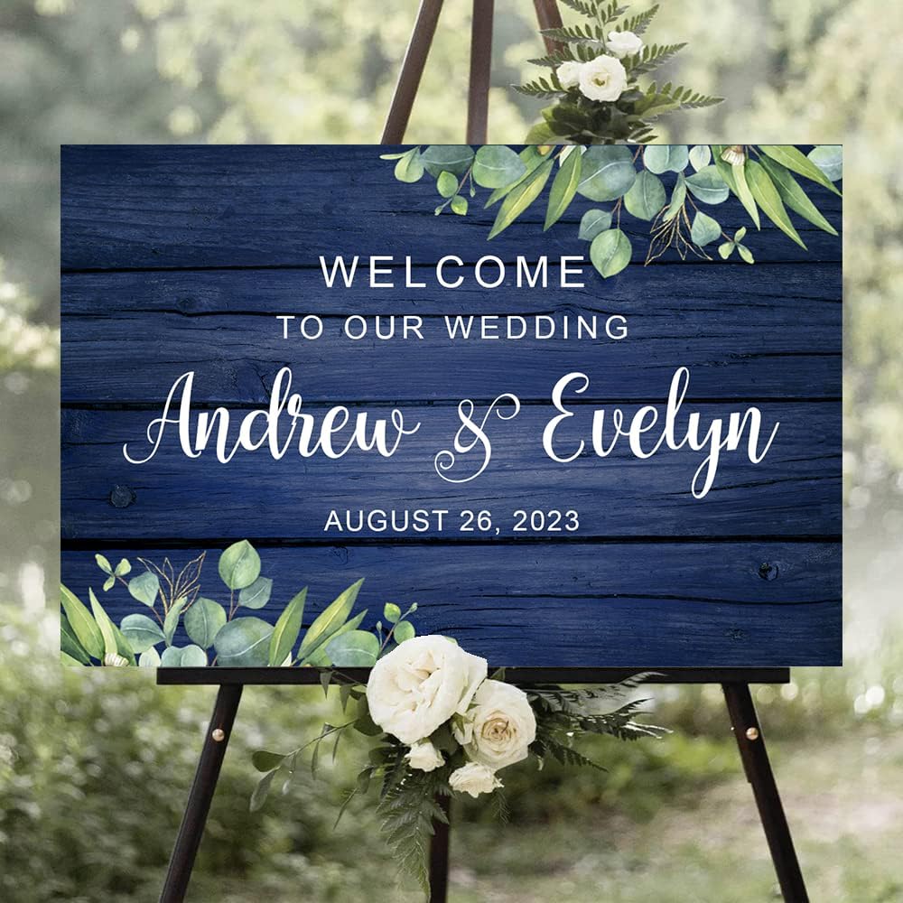 Rustic Navy Wedding Welcome Sign with White Flowers