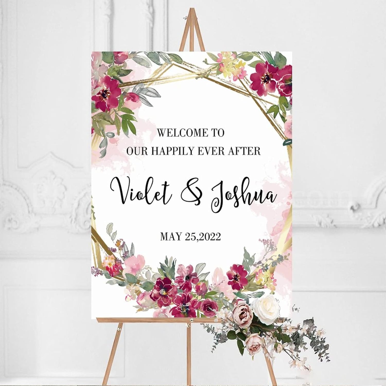 Alioyoit Personalized Pink Floral Wedding Welcome Sign 12x16 Inch
