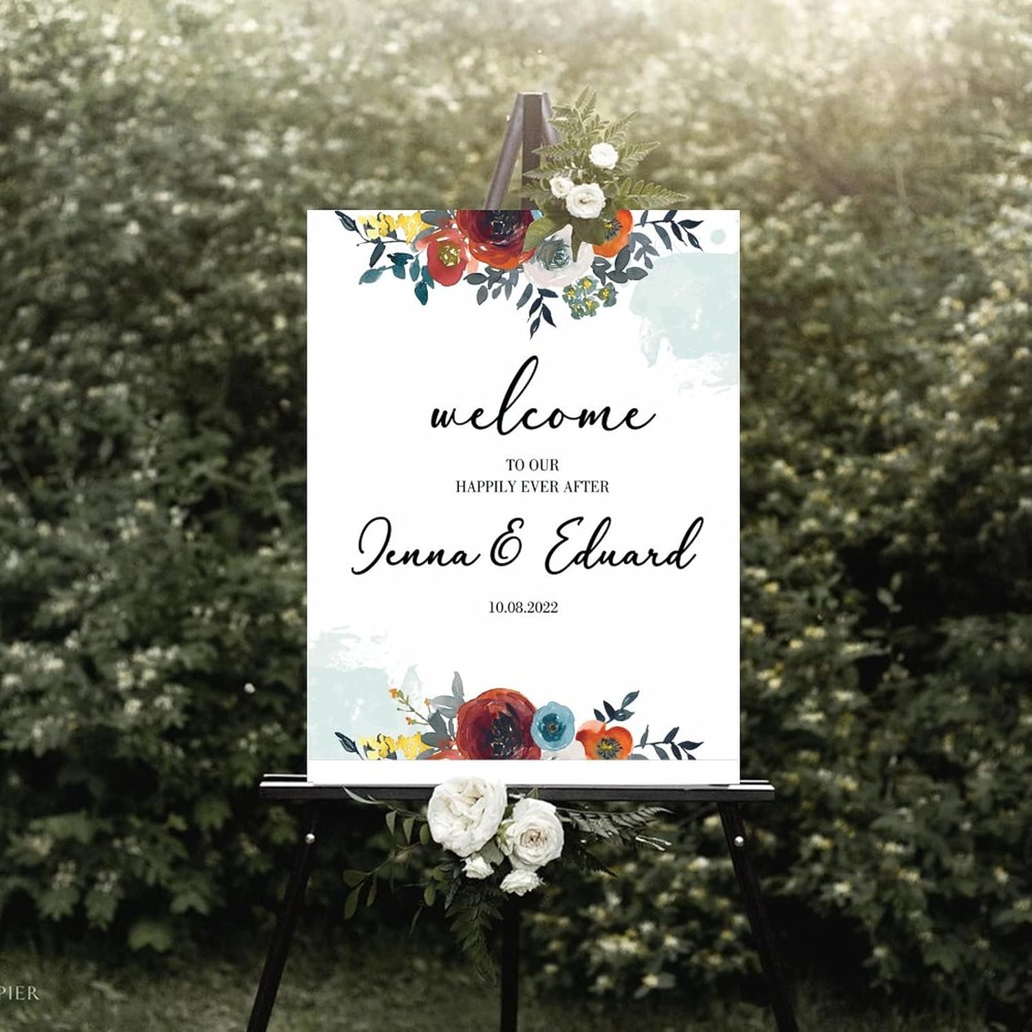 Customizable Red Floral Wedding Welcome Sign 12x16 Inch