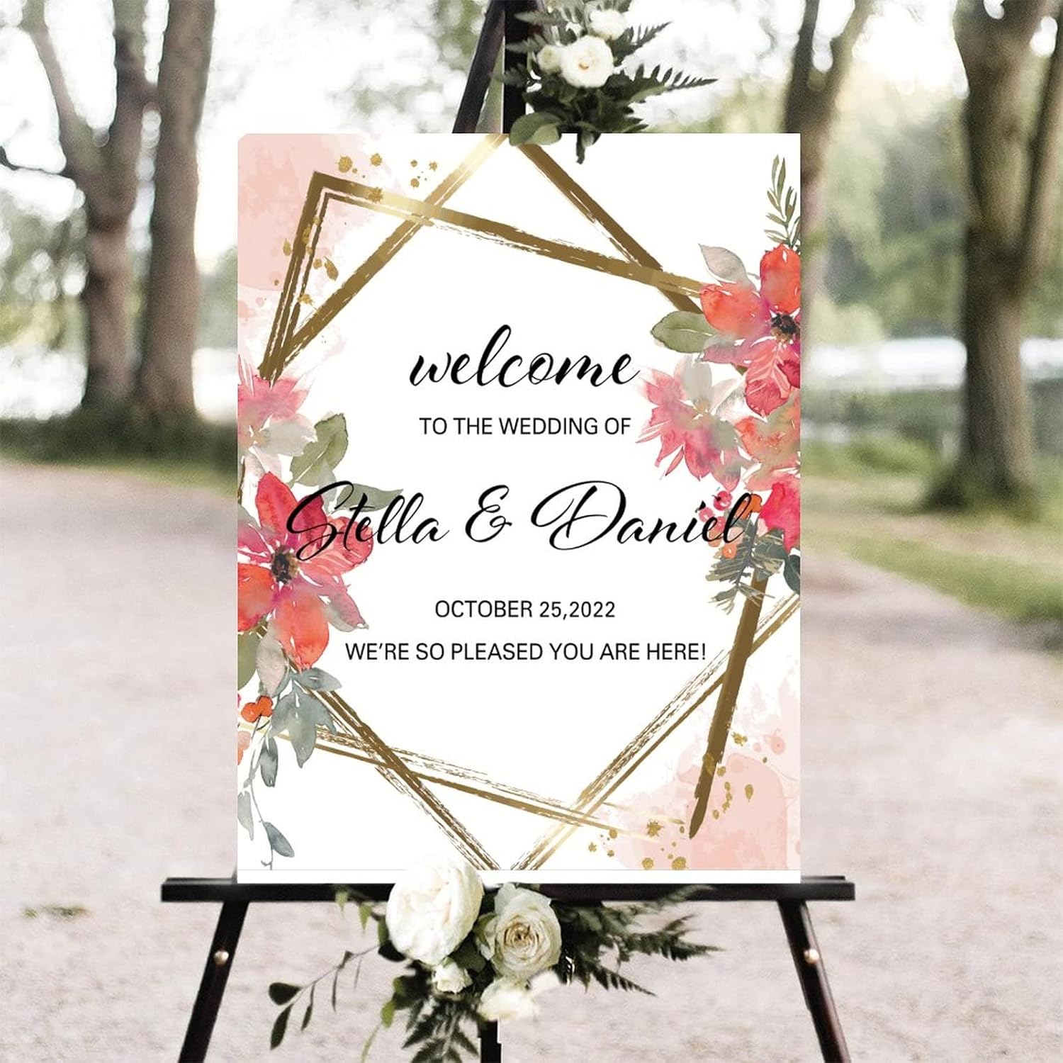 Alioyoit Personalized Red Floral Wedding Welcome Sign 12x16 Inch