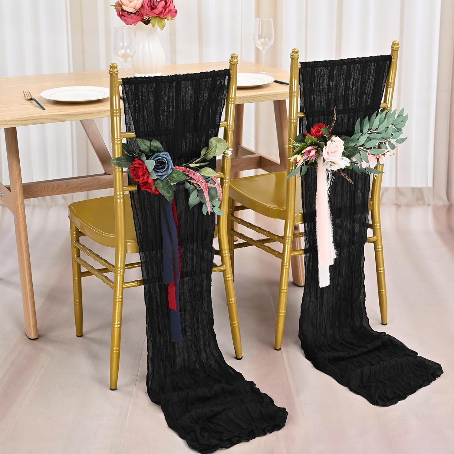 Showgeous 20PCS Black Cheesecloth Chair Sashes for Wedding Banquet