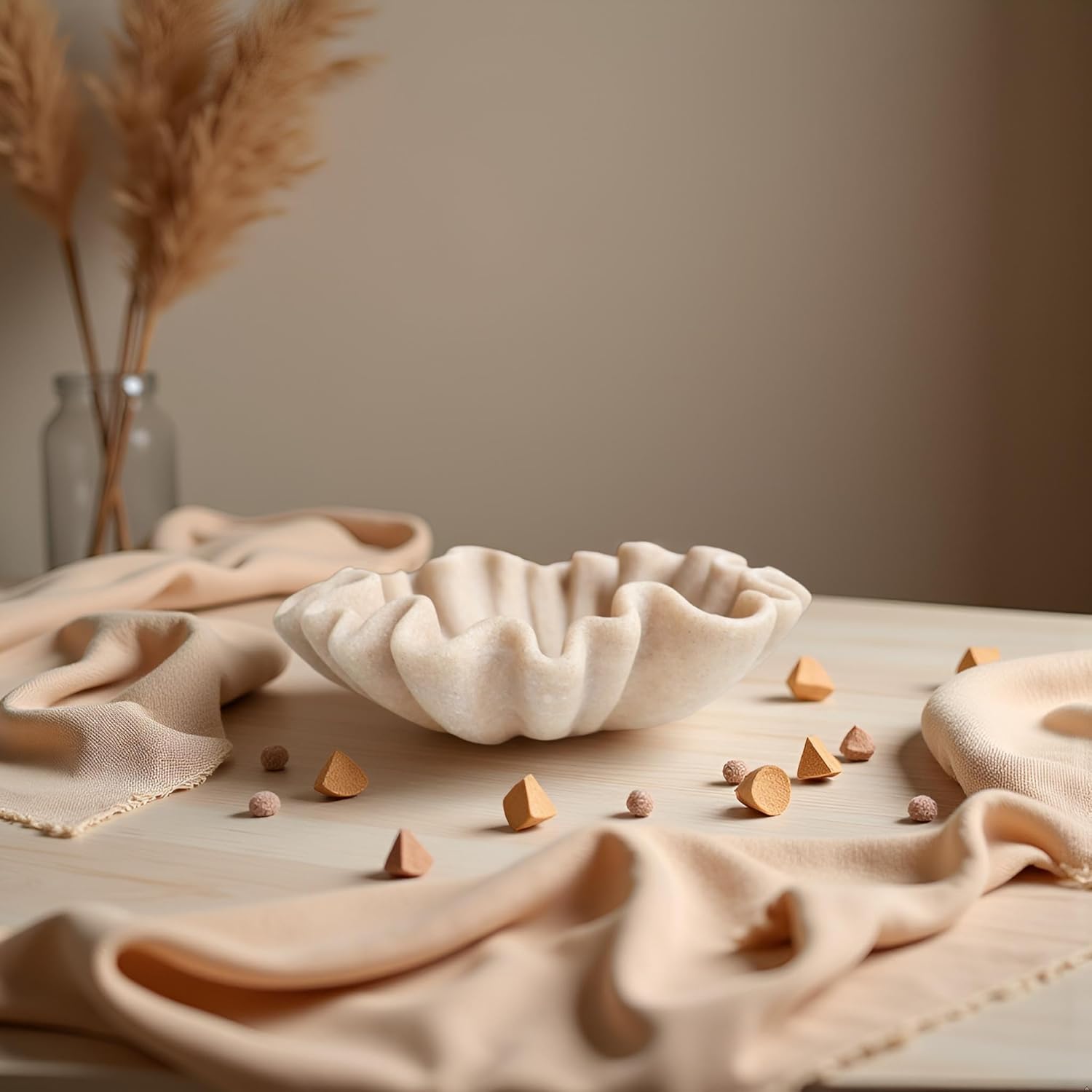 12 Inch Beige Scalloped Decorative Bowl for Keys