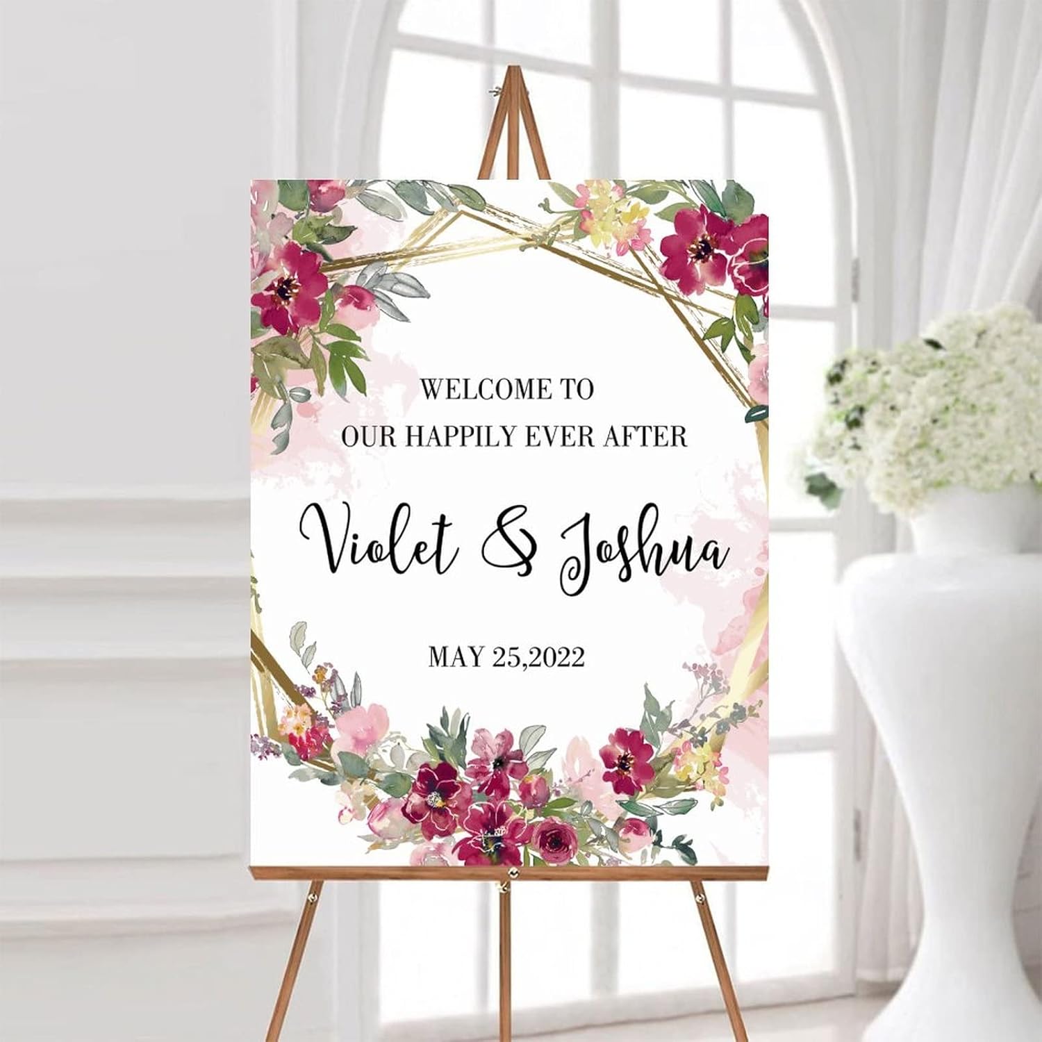 Alioyoit Personalized Pink Floral Wedding Welcome Sign 12x16 Inch