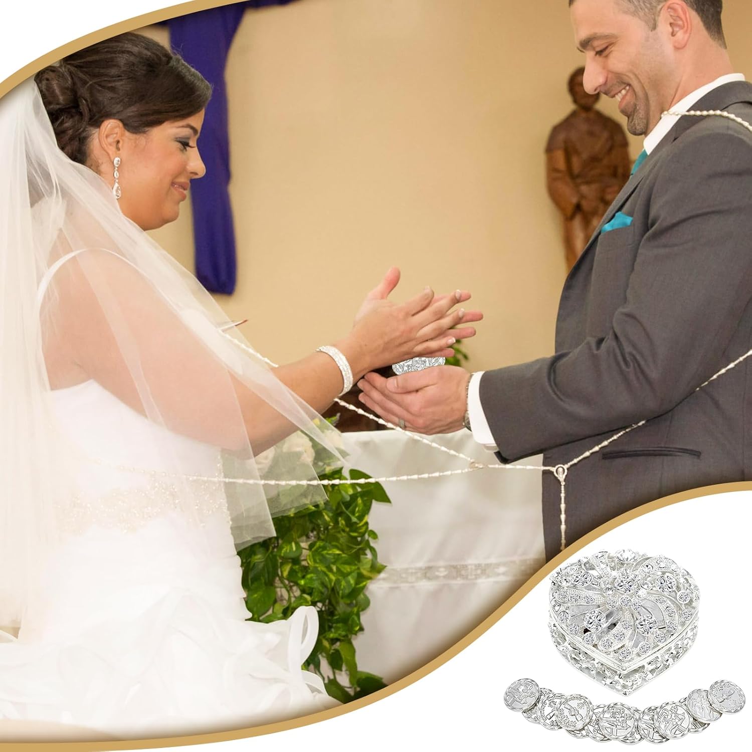 Catholic Wedding Arras Coins Set with Rhinestone Box