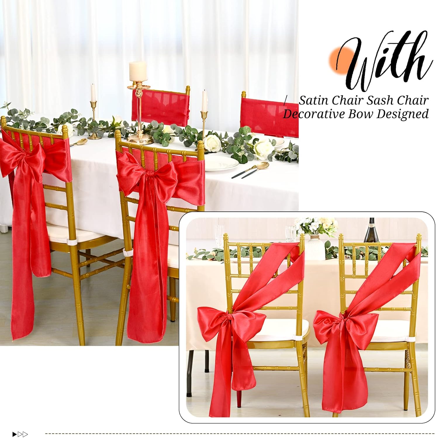 Pesonlook 50PCS Red Satin Chair Sashes for Decor