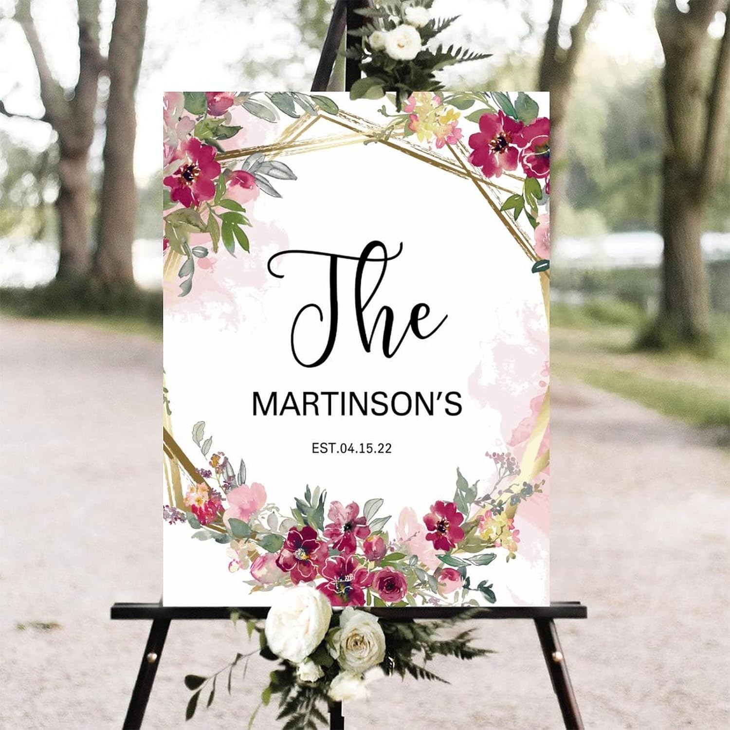 Customizable Pink Floral Wedding Welcome Sign 12x16 Inch