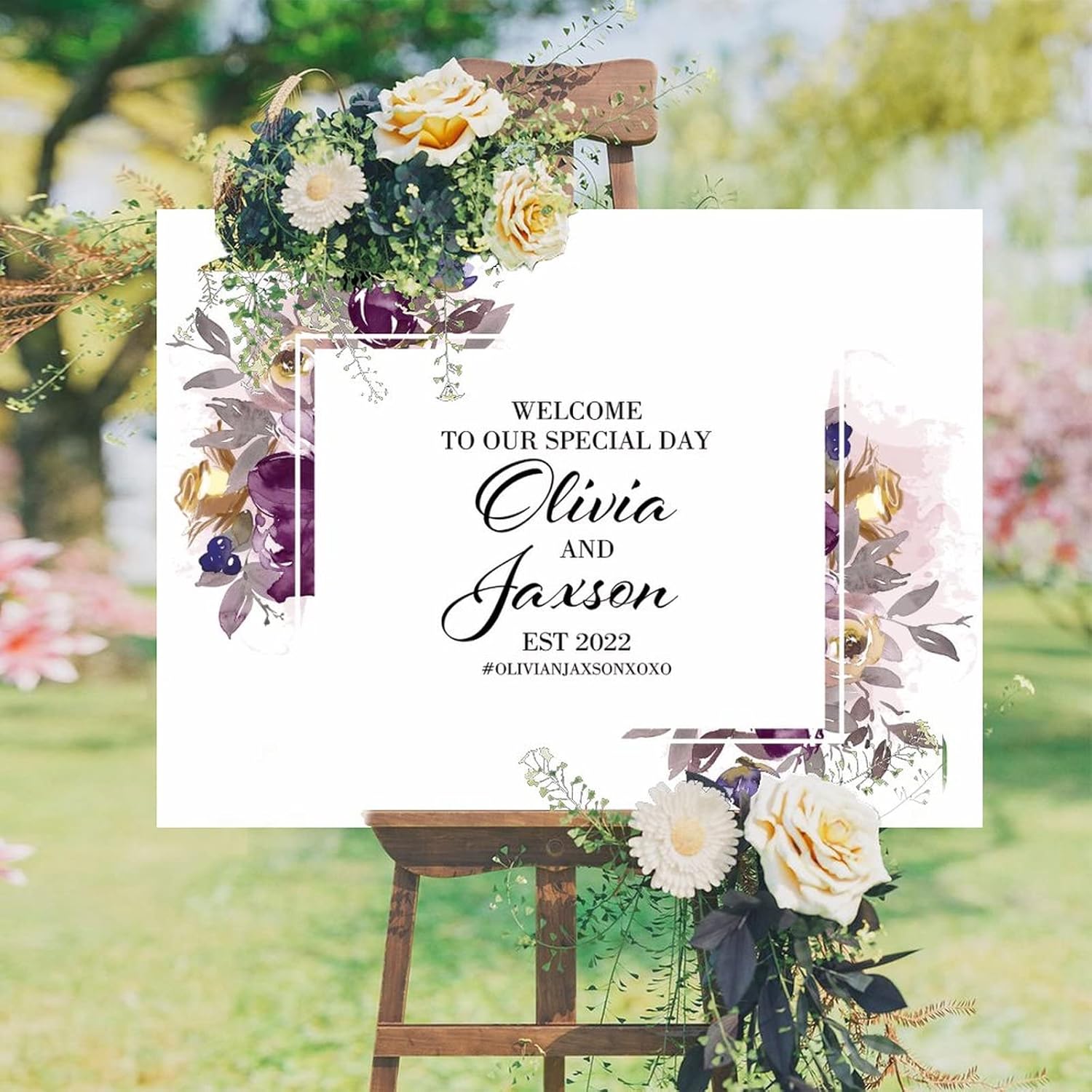 Alioyoit Personalized Wedding Welcome Sign with Purple Floral Wreath