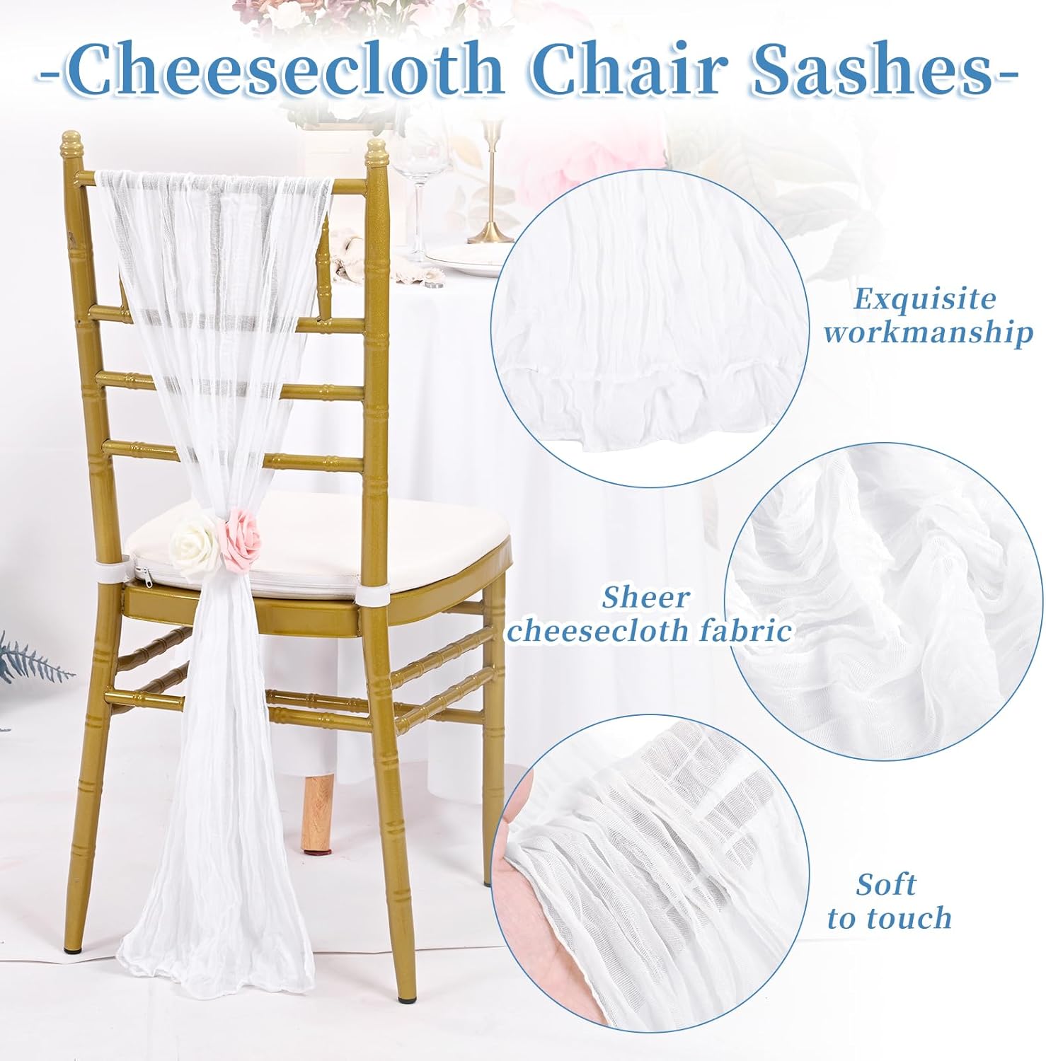 50 PCS White Cheesecloth Chair Sashes for Wedding Banquet