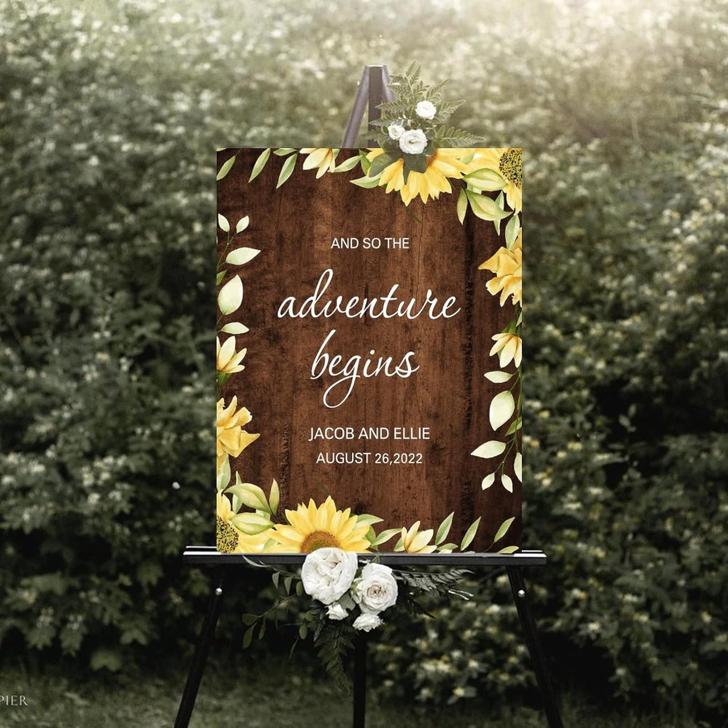 Rustic Wood Wedding Welcome Sign with Sunflower Design
