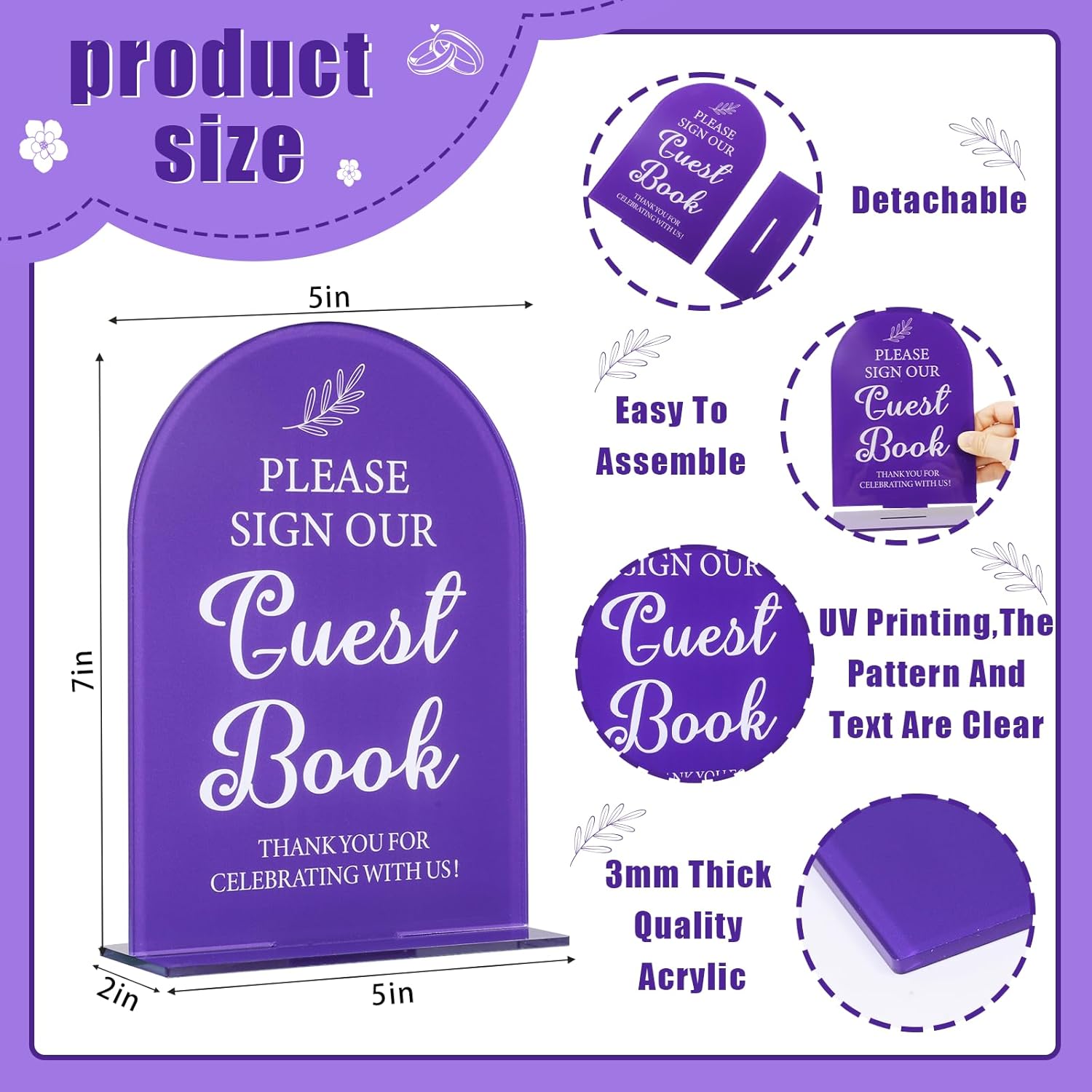 Corner Lace 2Pcs Acrylic Wedding Signs Purple 5x7 Inch