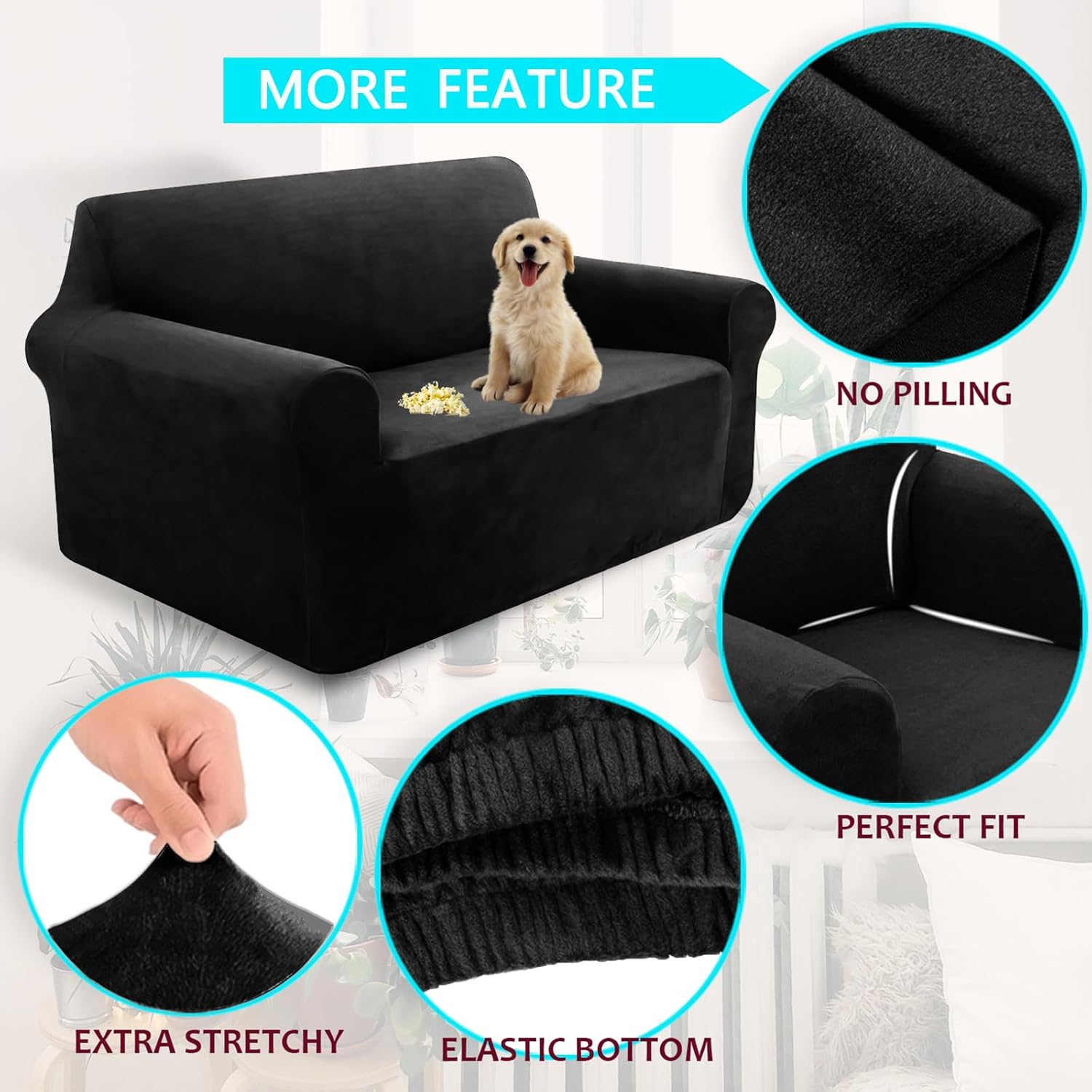 Velvet Loveseat Sofa Cover for Dogs Medium Black