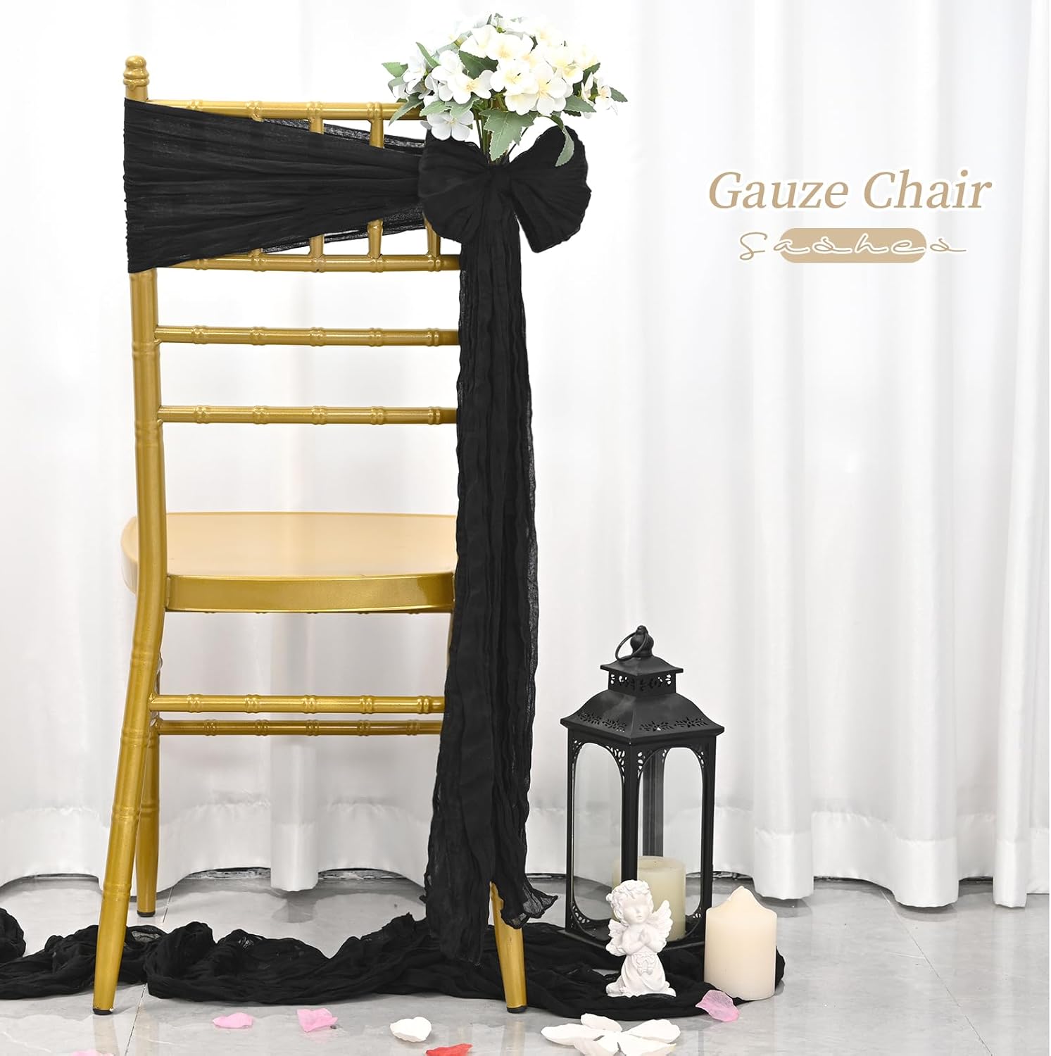 Showgeous 20PCS Black Cheesecloth Chair Sashes for Wedding Banquet