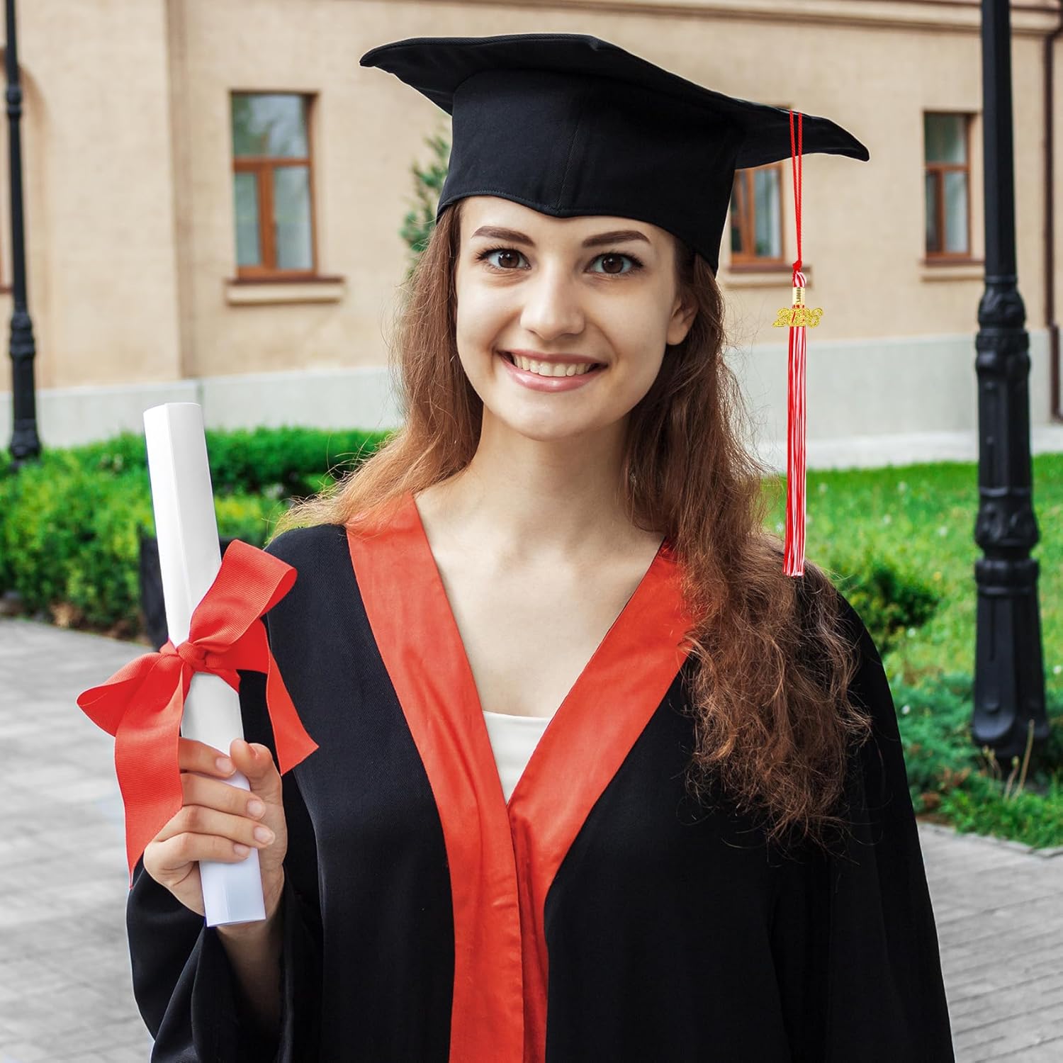 2026 Red White Graduation Tassel with Golden Charm