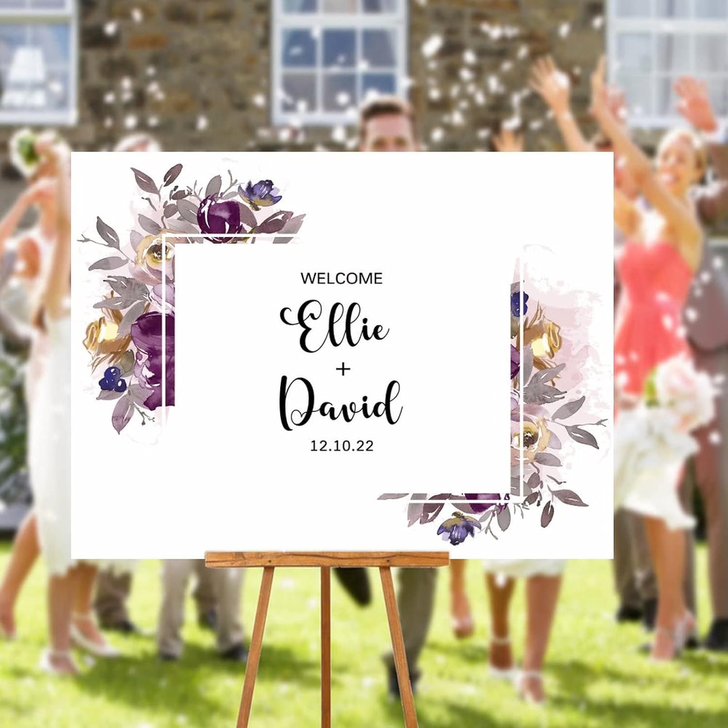 Custom Purple Floral Wreath Wedding Sign 12x16 Inch