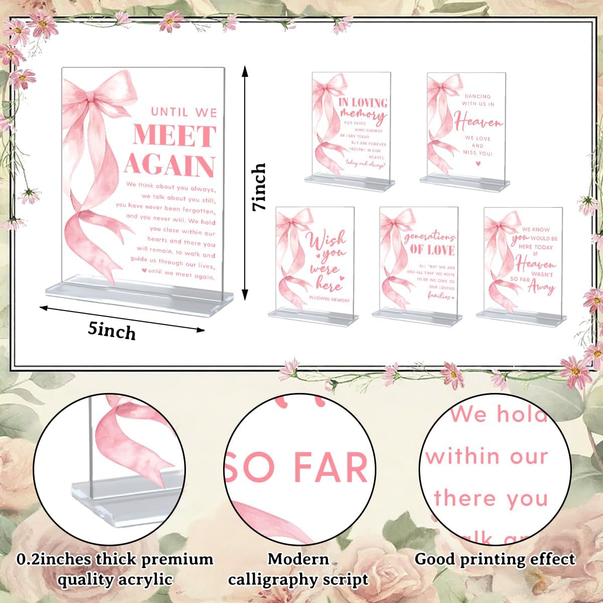 6 Pack Pink Bow Acrylic Table Top Signs for Wedding Events