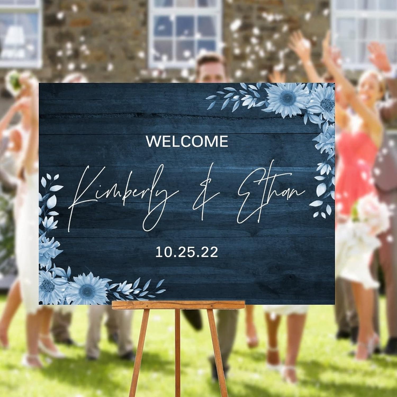 Alioyoit Personalized Wedding Welcome Sign Blue Wood 12x16 Inch
