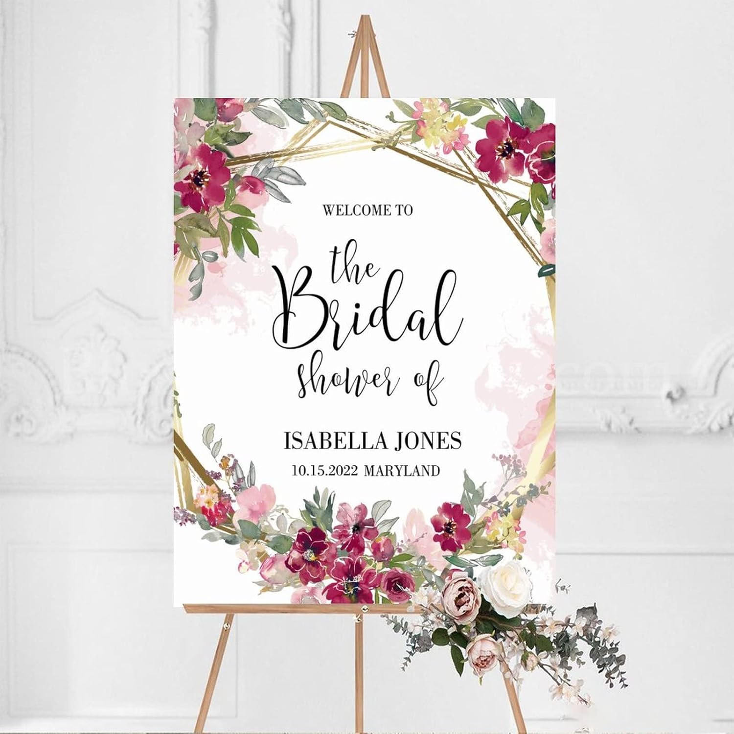 Pink Floral Customizable Wooden Wedding Sign 12x16 Inch