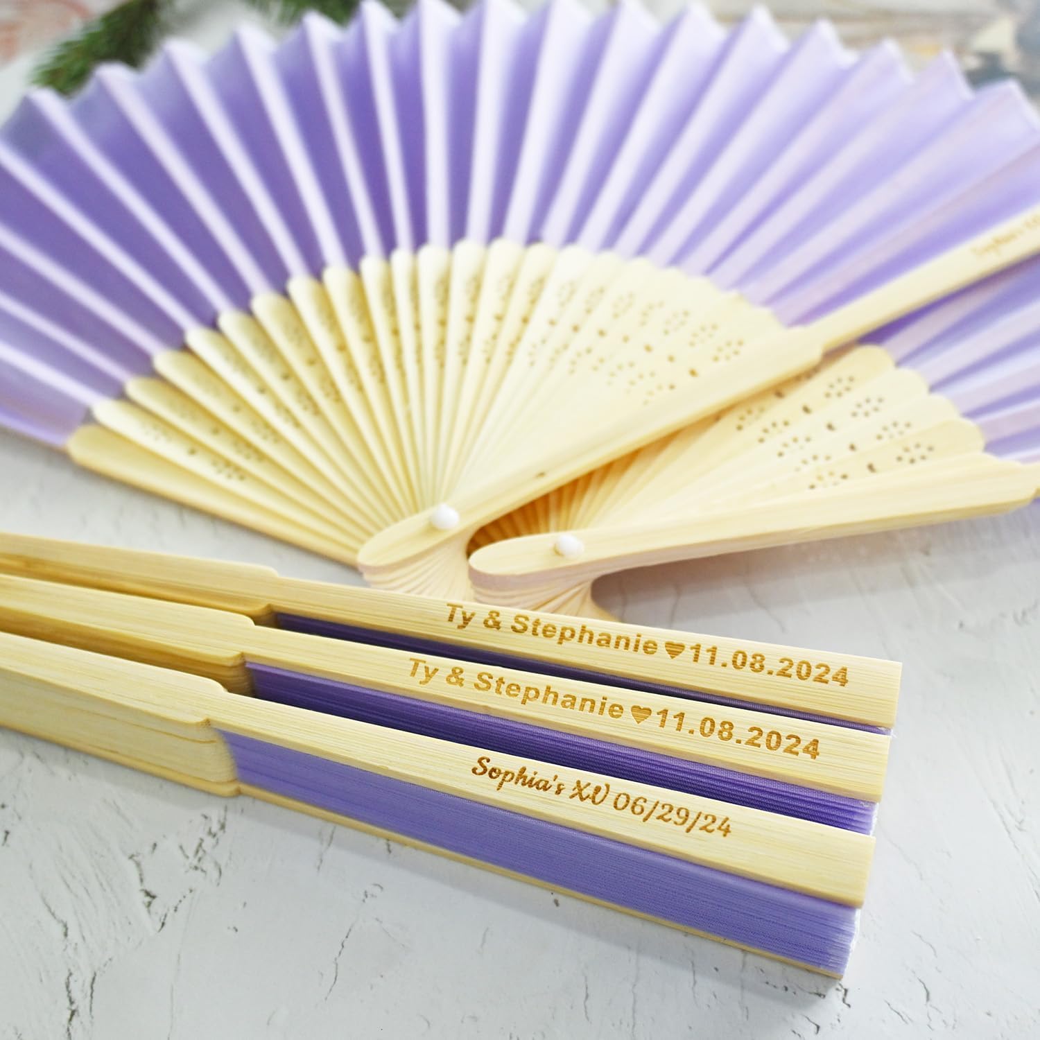 30pcs Personalized Purple Folded Hand Fans for Wedding Guests