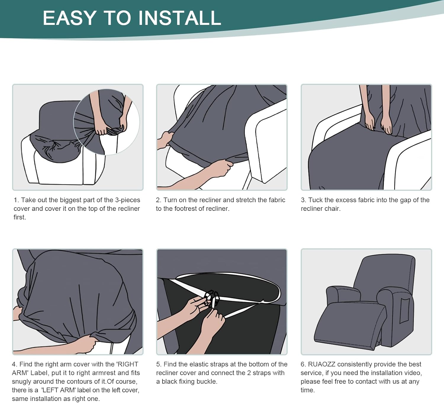 Ruaozz Recliner Sofa Cover with Pockets and Elastic Bottom