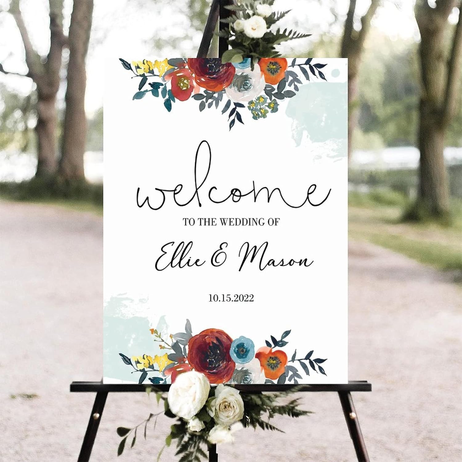Custom Red Floral Wedding Welcome Sign 12x16 Inch