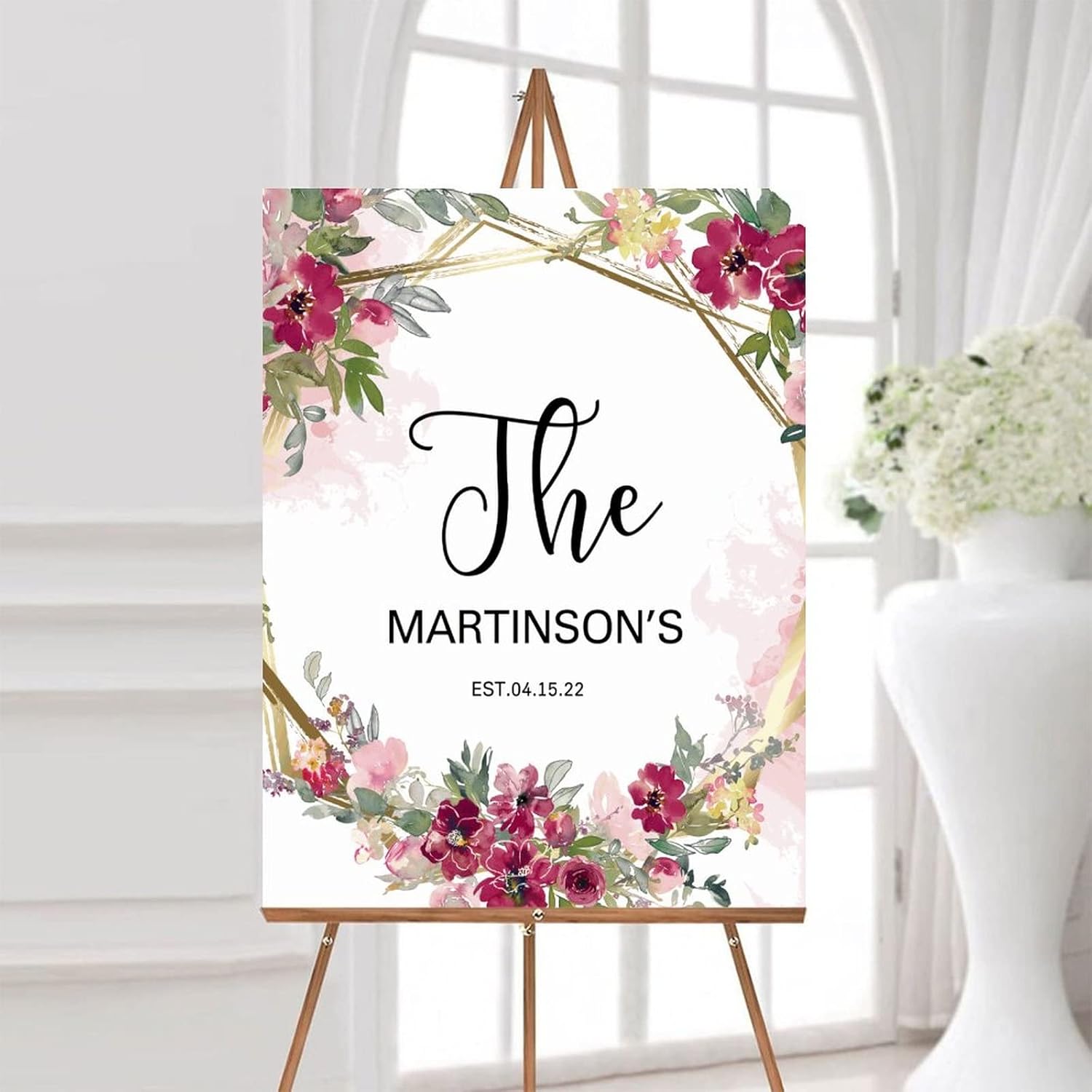 Customizable Pink Floral Wedding Welcome Sign 12x16 Inch