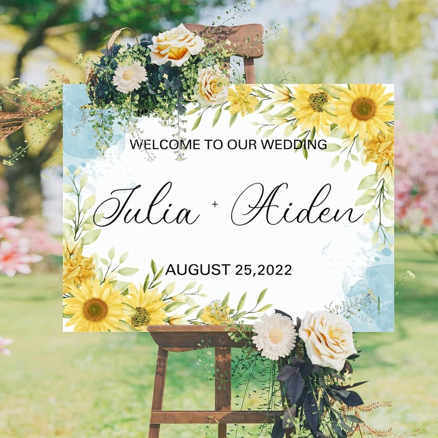 Personalized Blue Sunflowers Wedding Welcome Sign