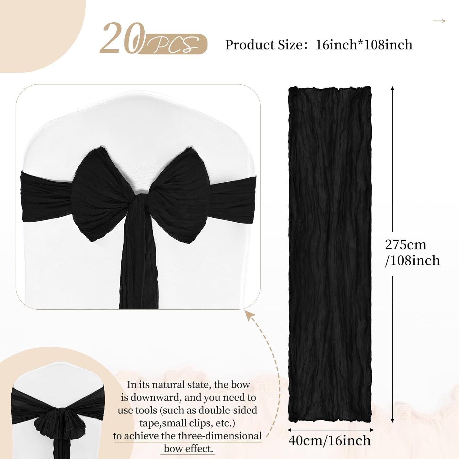 Showgeous 20PCS Black Cheesecloth Chair Sashes for Wedding Banquet
