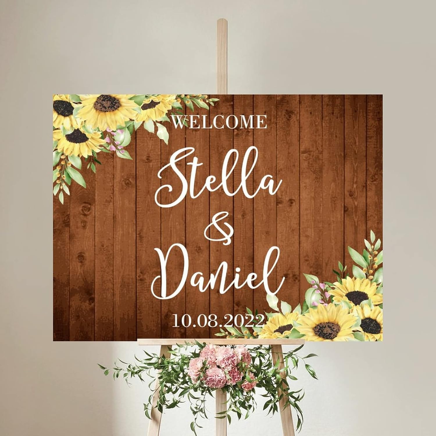 Wedding Welcome Sign Sunflower Brown Wood Customizable