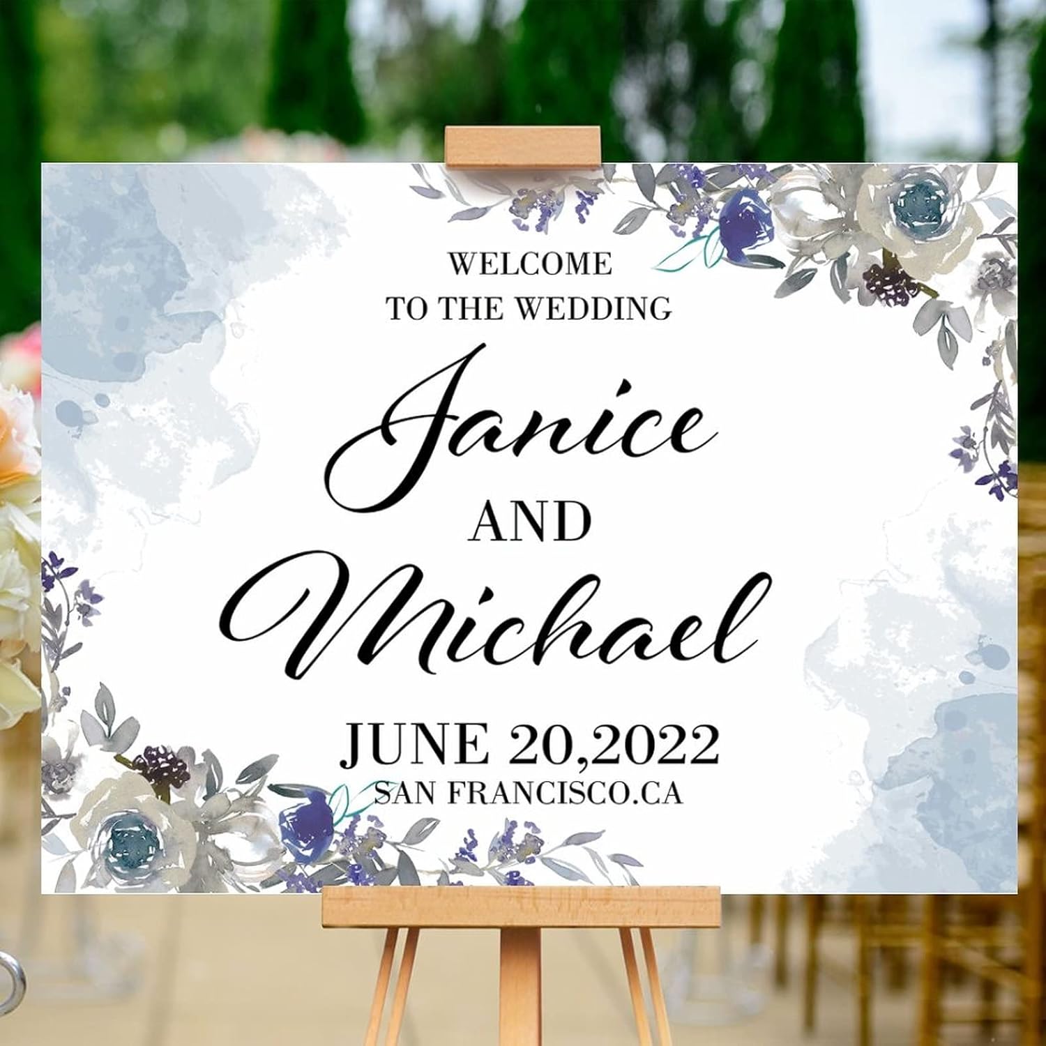 Personalized Blue Floral Wedding Welcome Sign