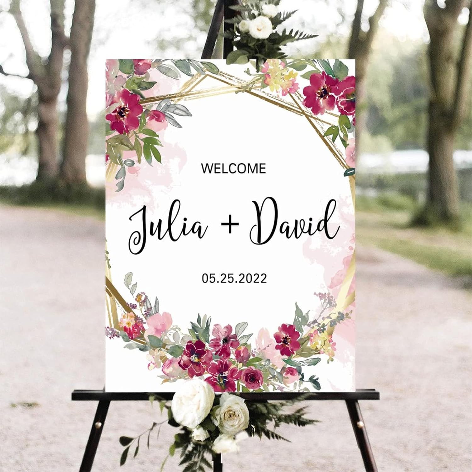 Alioyoit Pink Floral Welcome Sign 12x16 Inch Wood Wedding Sign